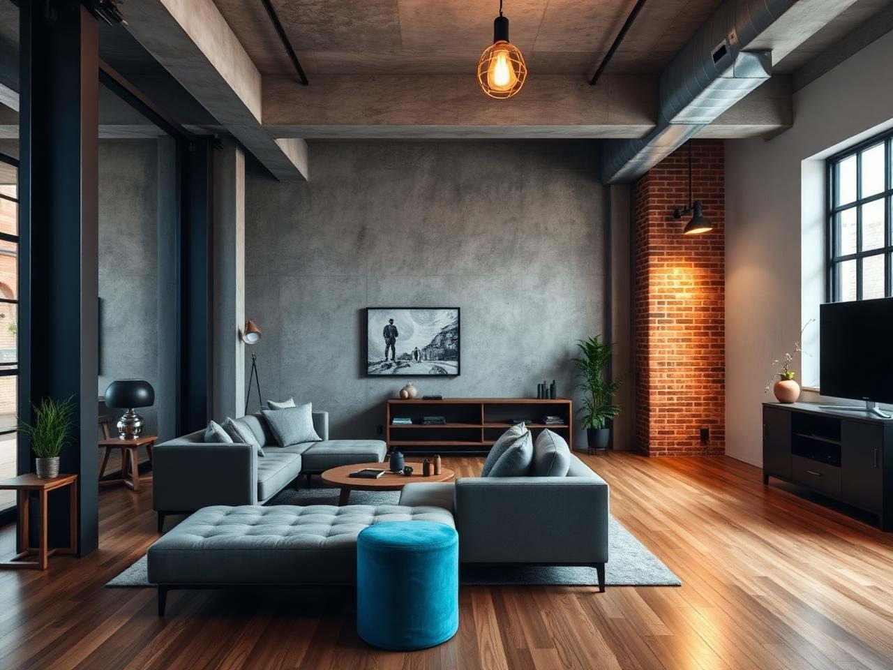 Industrial interior with exposed textures, metal, concrete and warm wood