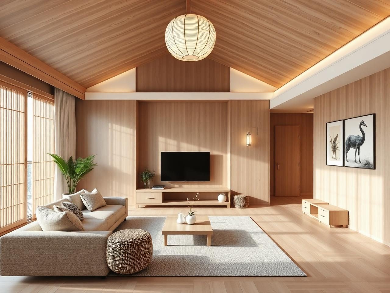 Warm Japandi interior blending Japanese simplicity with Scandinavian function
