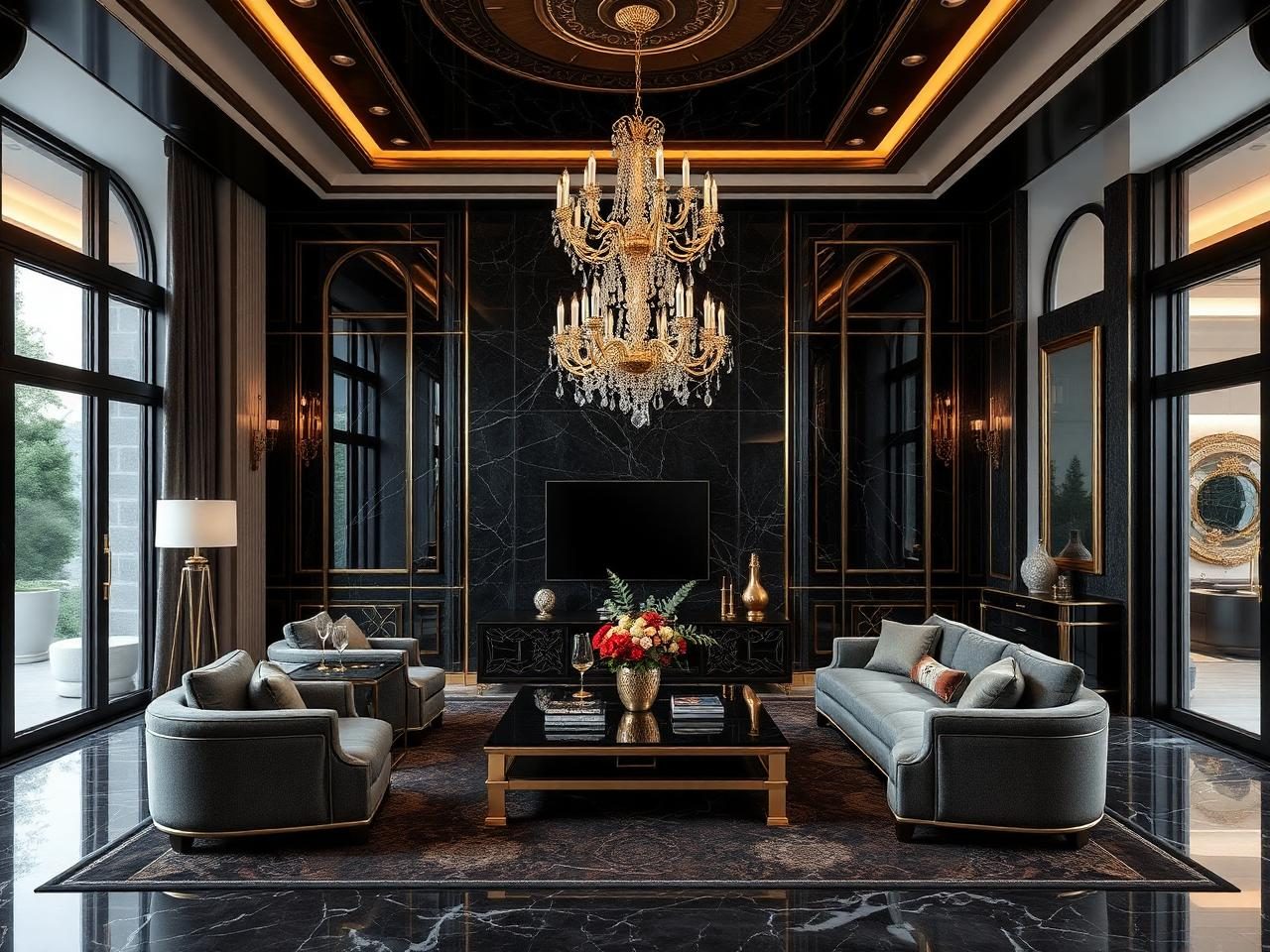 Luxury interior with natural stone, refined furniture and statement lighting