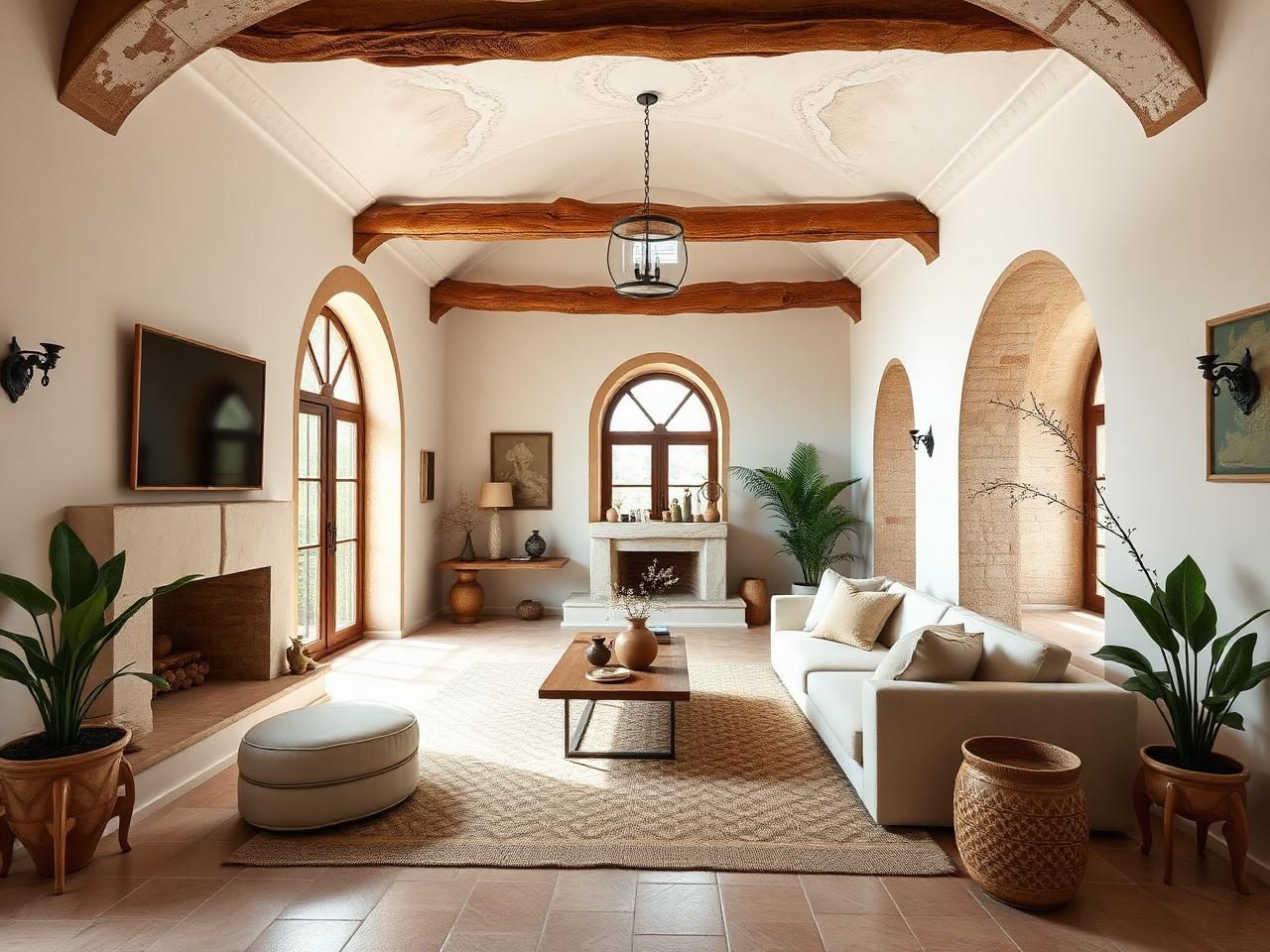 Mediterranean interior with textured walls, arches and warm earthy tones