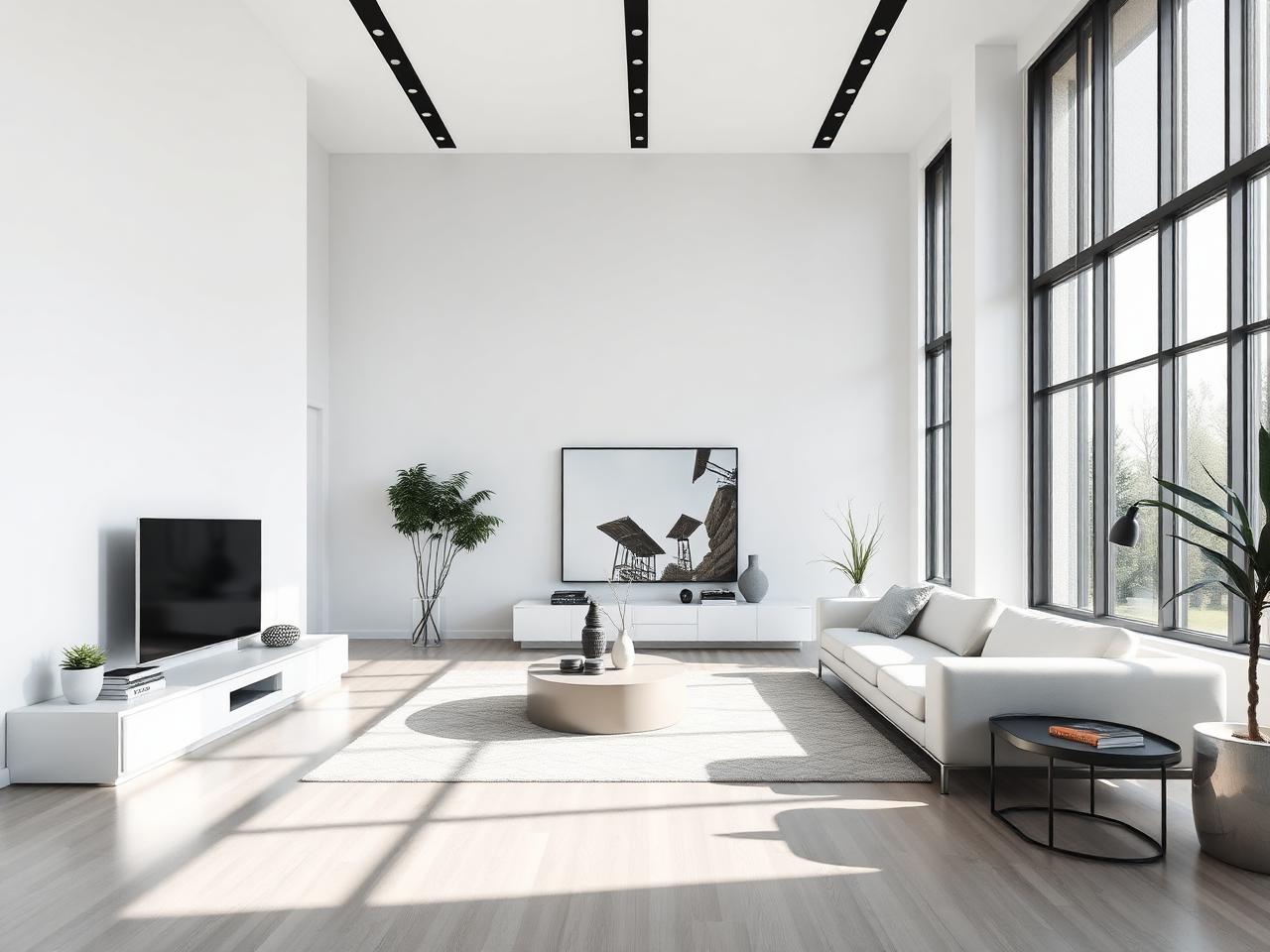 Modern interior design with clean lines, neutral colors and layered lighting