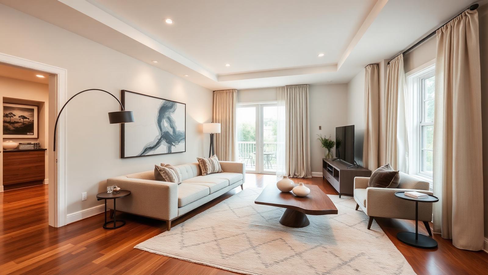 Modern living room after AI interior redesign with layered lighting and coordinated decor