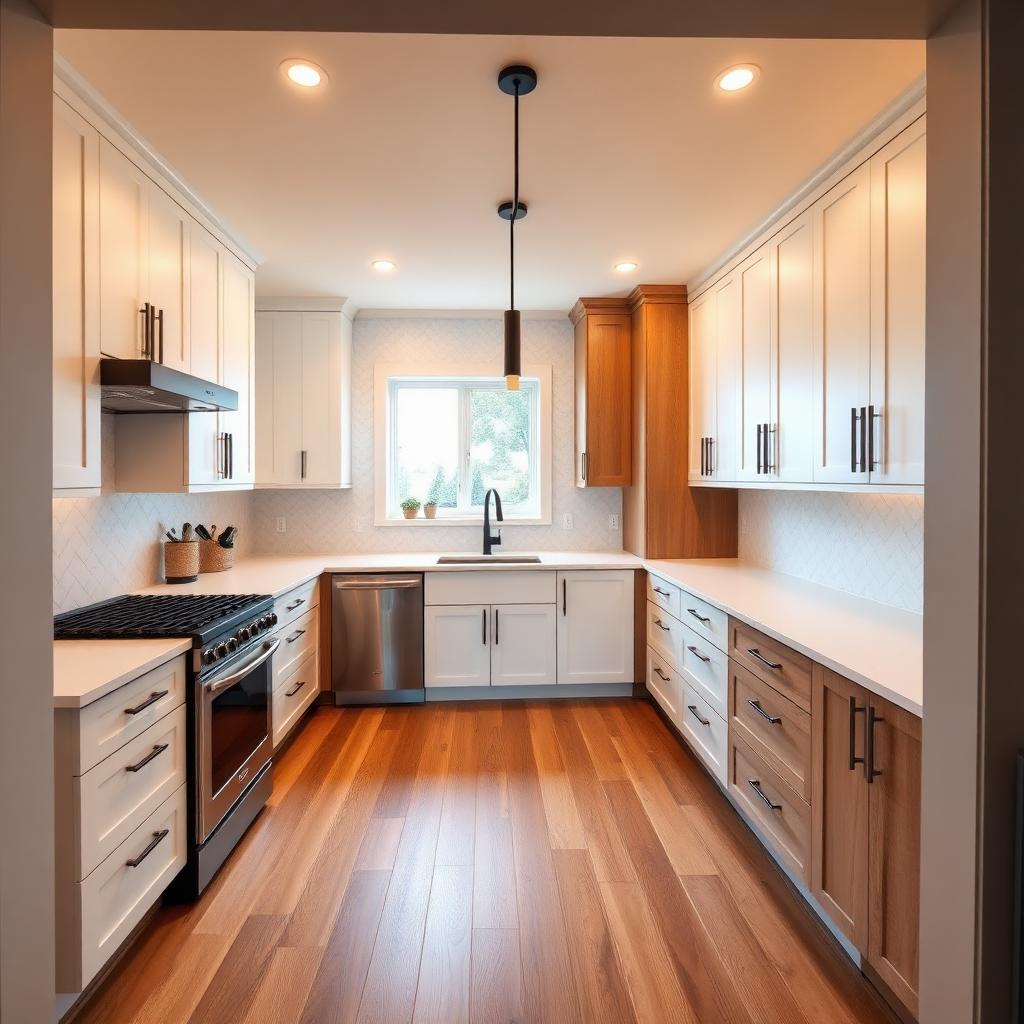 Same kitchen redesigned with handleless white and warm oak cabinets, quartz counters and layered lighting