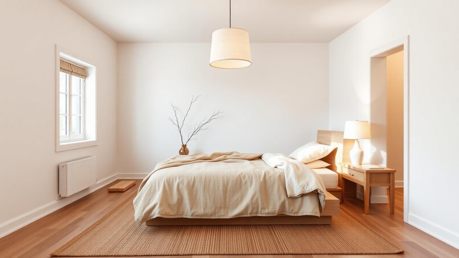 Warm Japandi bedroom after AI interior redesign with natural oak and linen