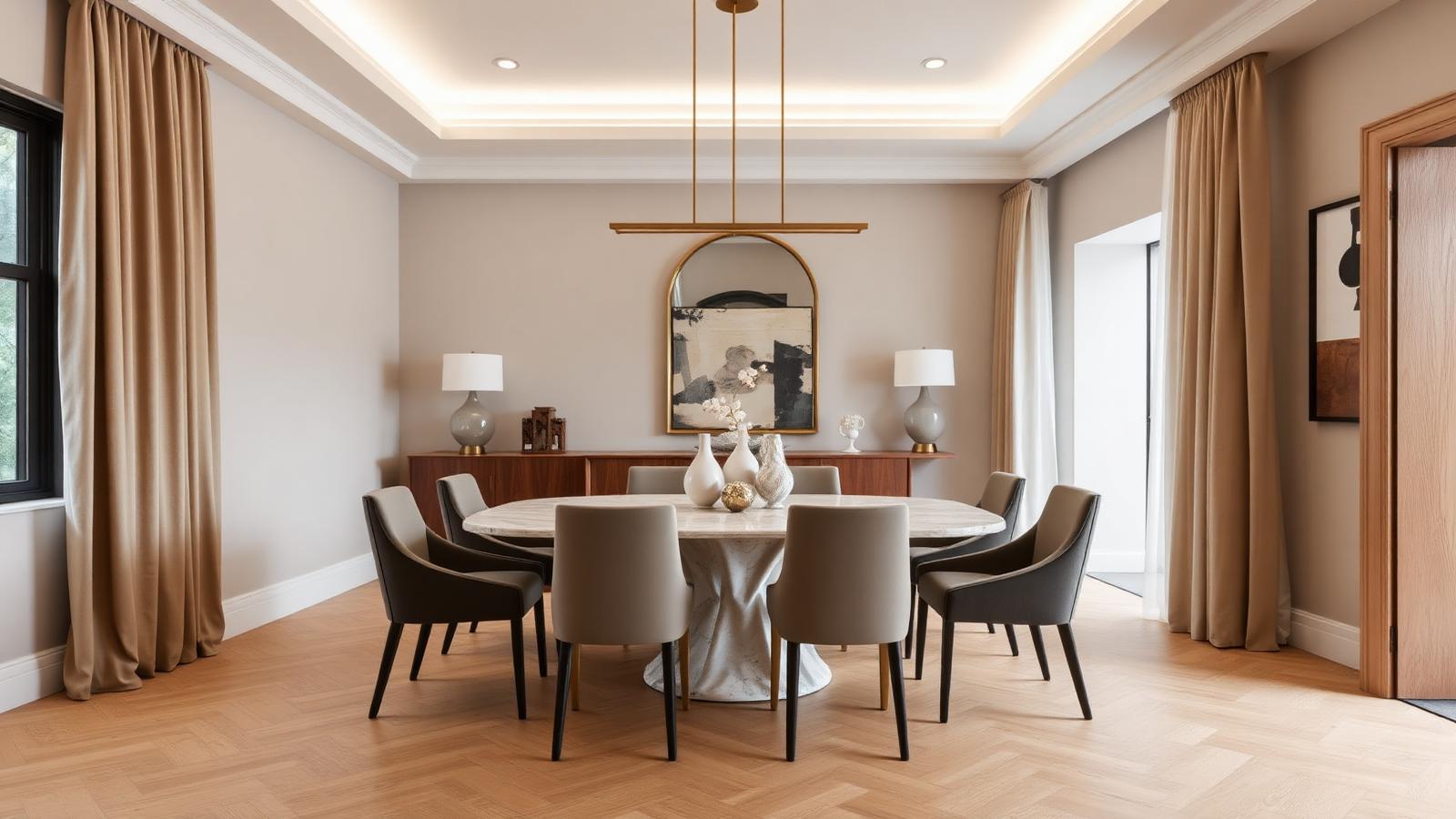 Luxury dining room after AI interior redesign with sculptural stone table and bronze lighting