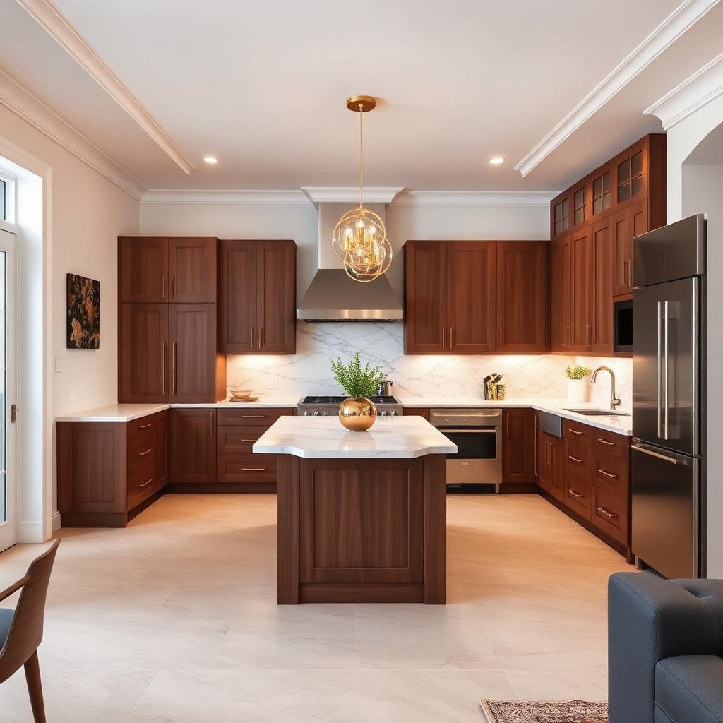 Same L-shaped kitchen transformed with walnut cabinetry, marble waterfall island and sculptural brass pendants