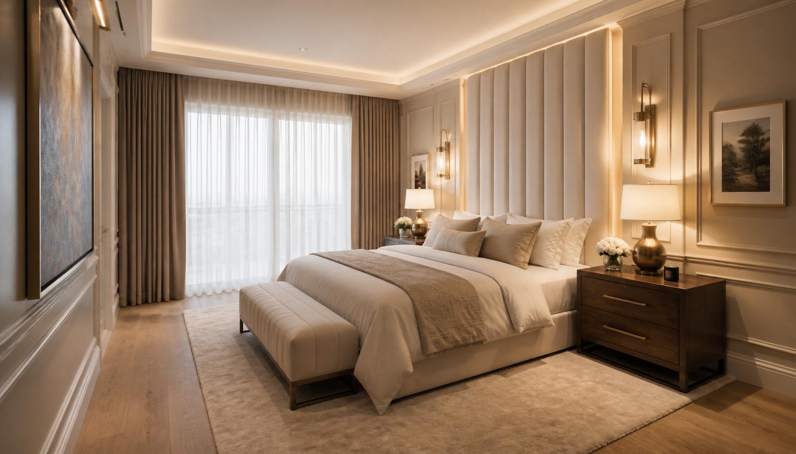 Same bedroom transformed with tall channel-tufted headboard, walnut nightstands, area rug and layered lighting