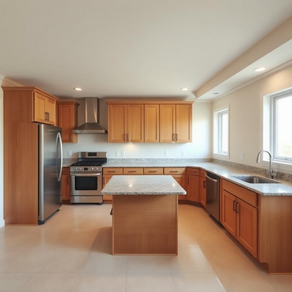 Conventional L-shaped kitchen with medium wood shaker cabinets and small island before AI kitchen redesign