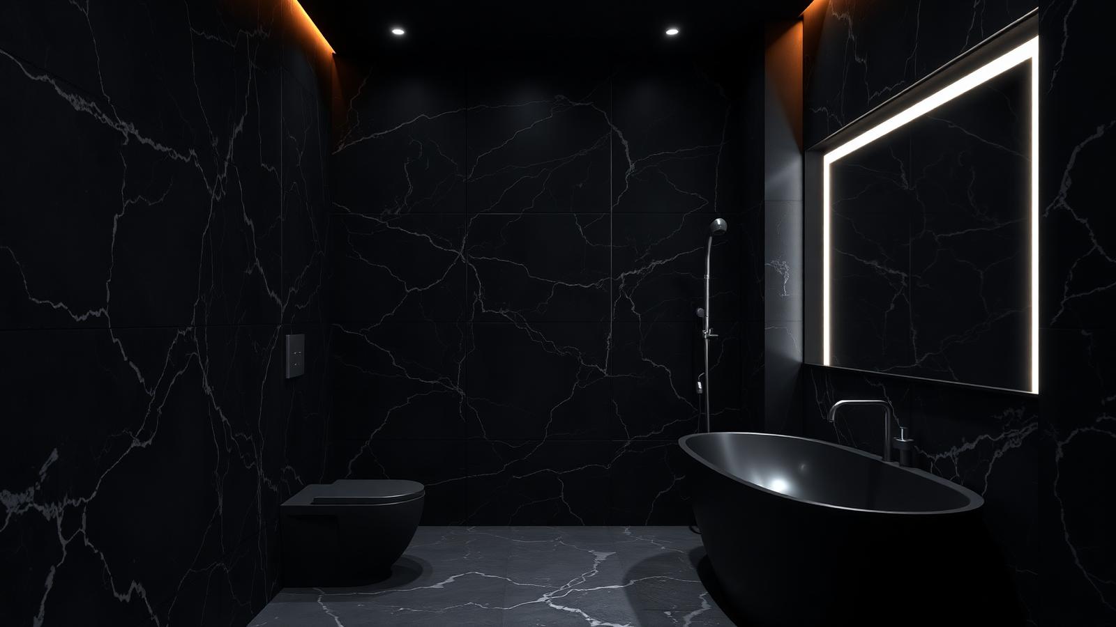 Luxury bathroom with premium stone appearance, statement vanity, sophisticated fixtures and layered lighting