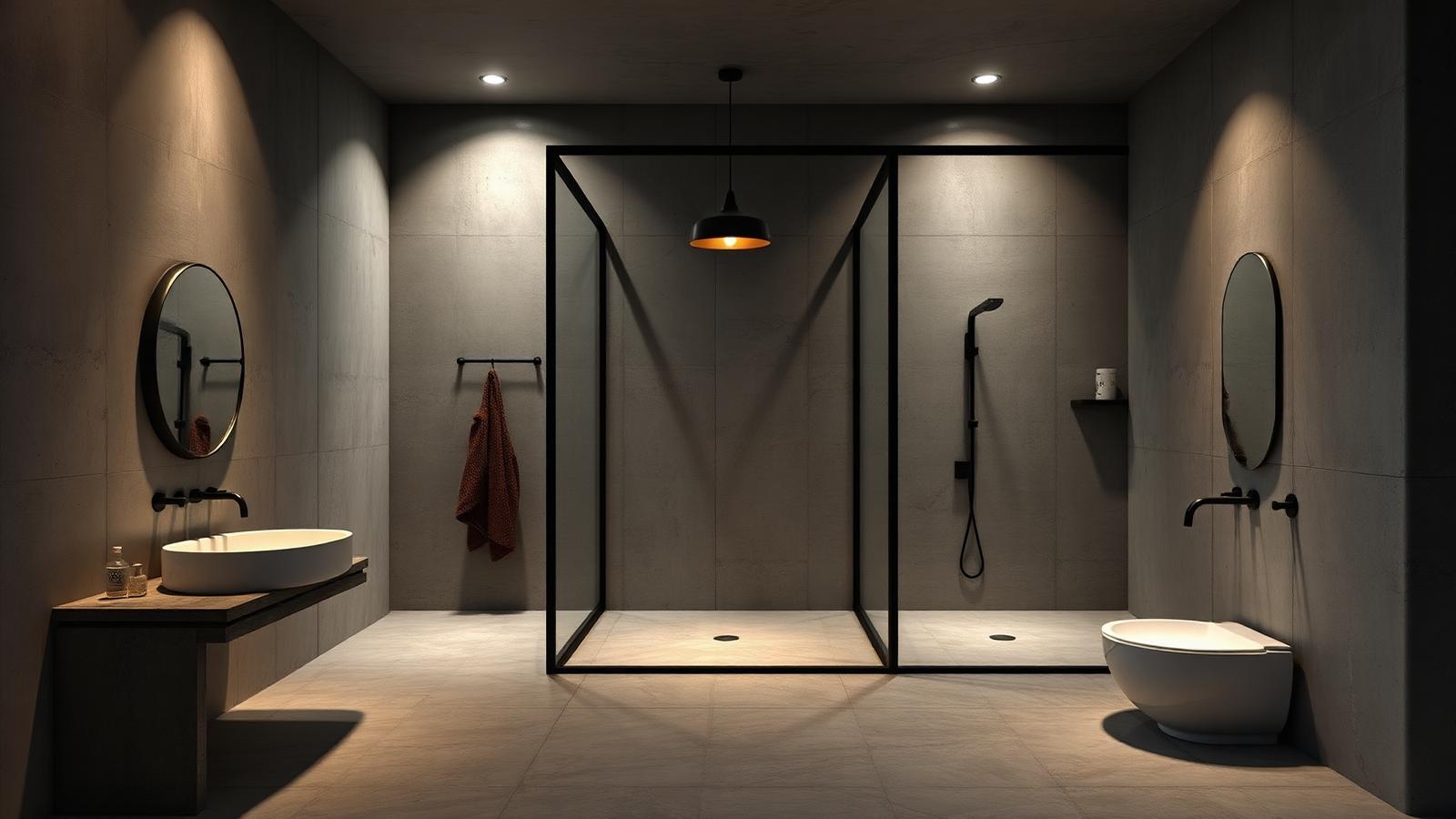 Modern spa bathroom with serene concrete surfaces, walk in shower, integrated storage and warm architectural lighting