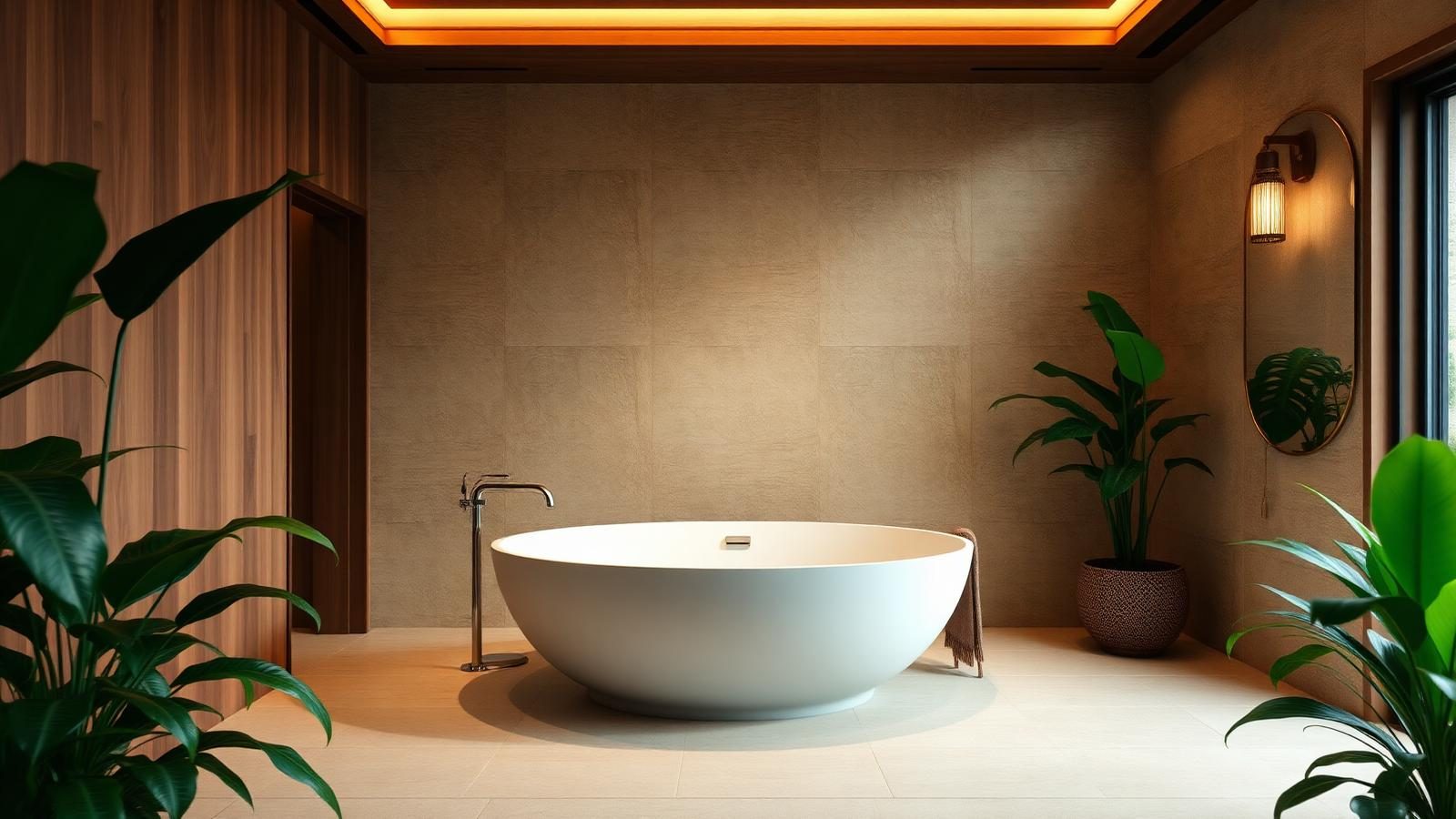 Japandi spa bathroom with warm natural materials, calm neutral palette, minimal vanity and soft lighting