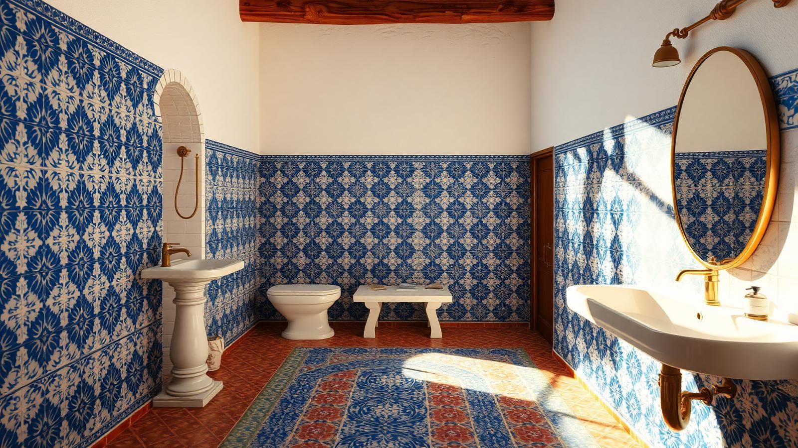 Mediterranean bathroom with textured tiles, warm natural colors, arched details and character rich fixtures