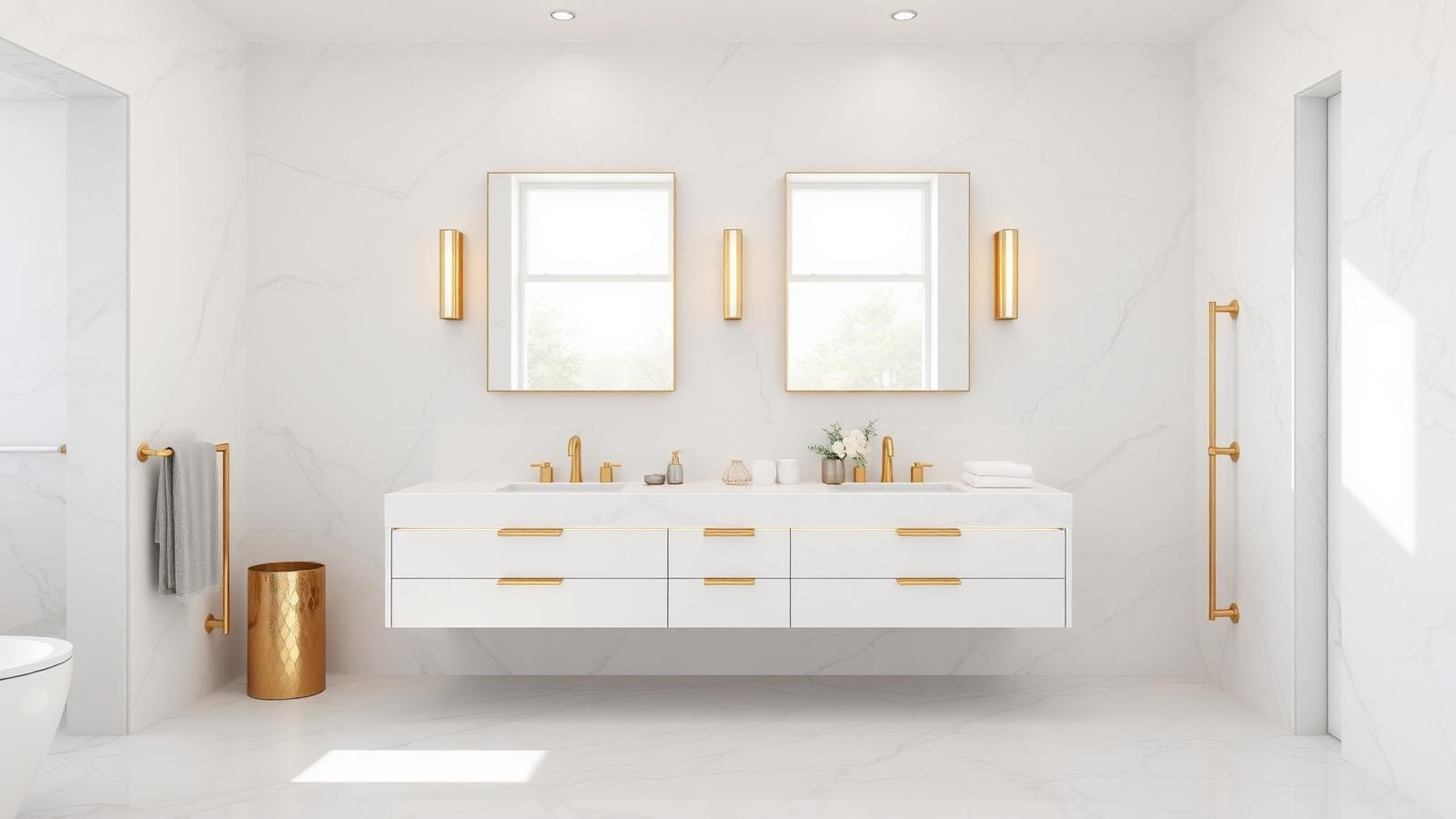 Modern bathroom with clean floating vanity, large format tile, frameless shower and minimal fixtures