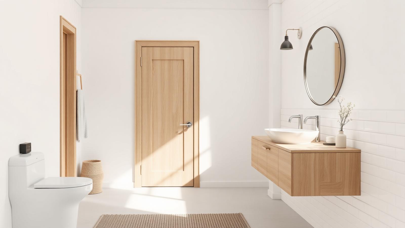 Scandinavian bathroom with light oak vanity, neutral tiles, practical storage and natural daylight