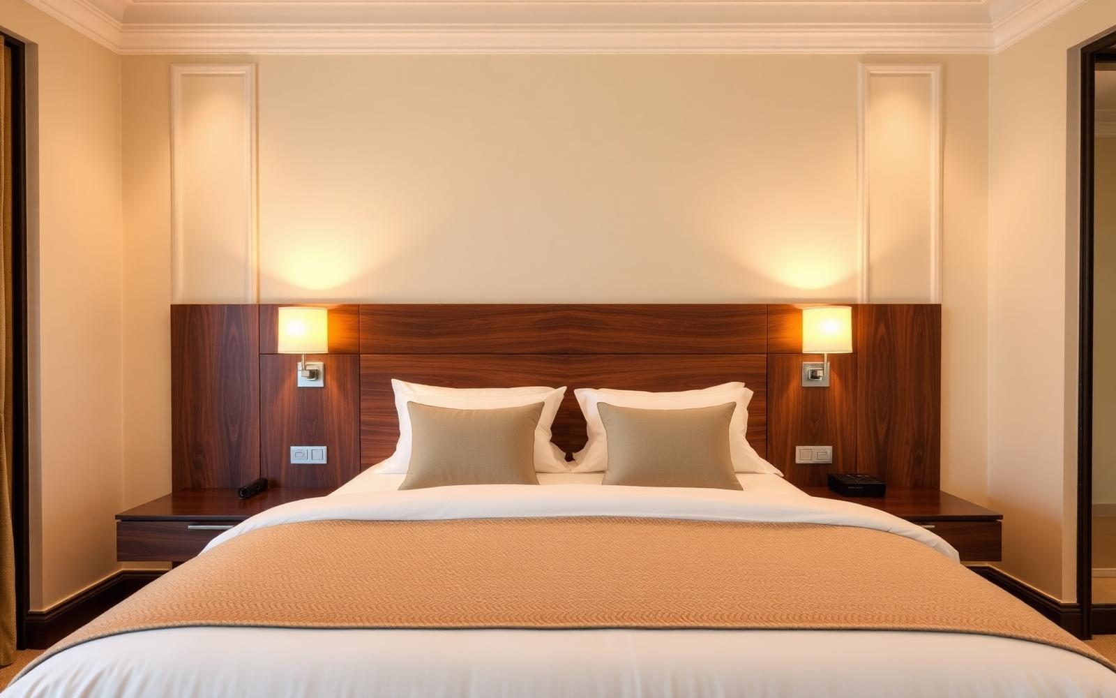 Warm contemporary bedroom with upholstered headboard, natural materials and ambient lighting
