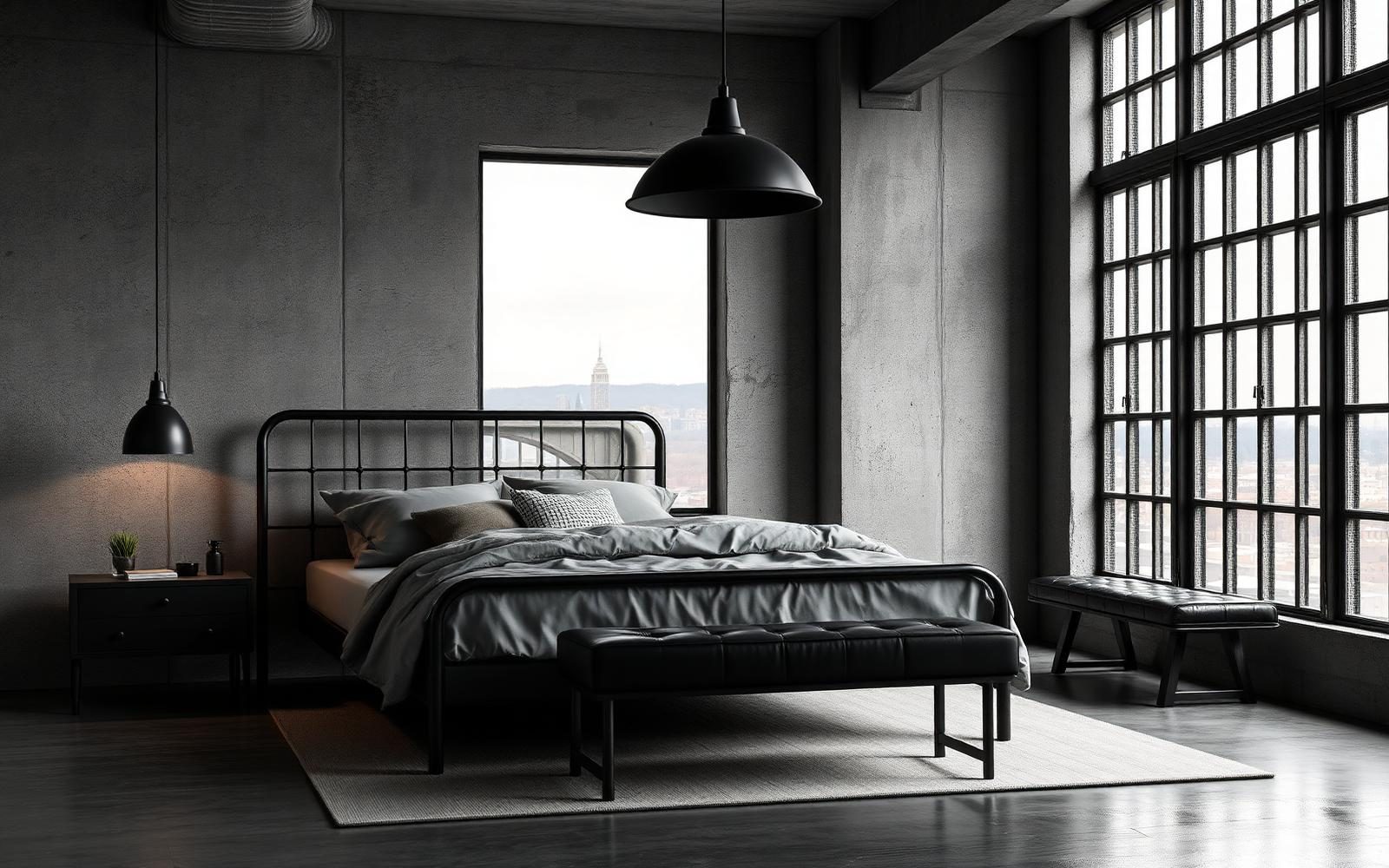 Industrial bedroom with dark metal details, concrete texture and warm architectural lighting