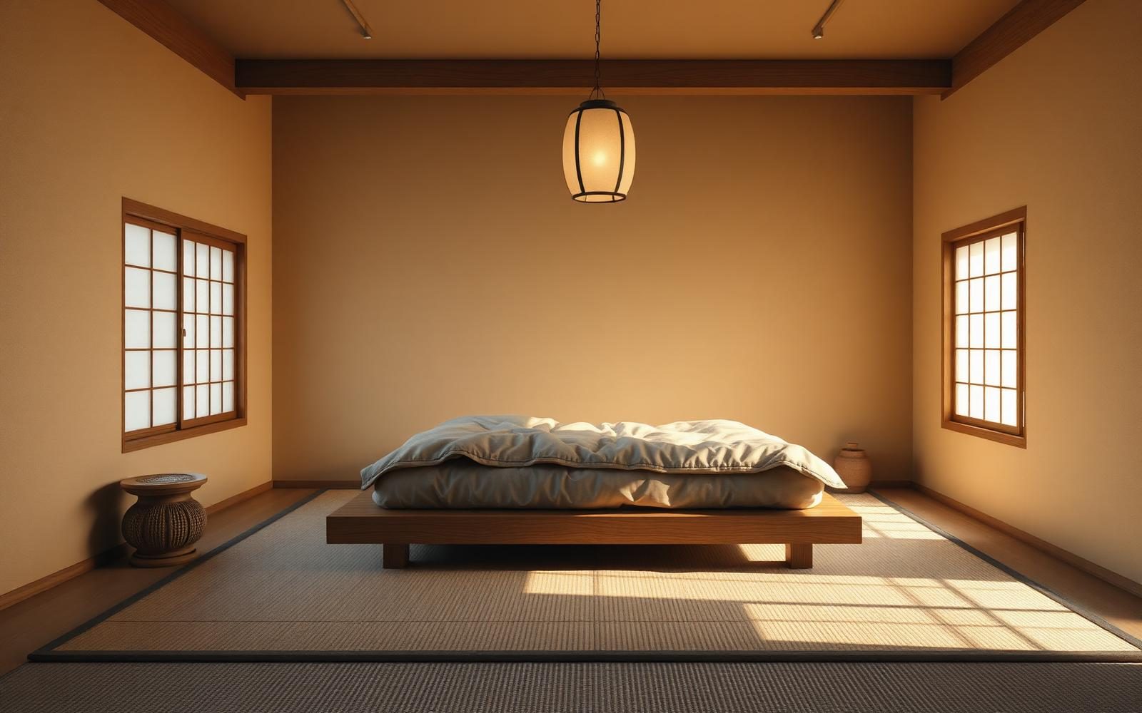 Japandi bedroom with low-profile bed, warm oak, natural linen and quiet neutral palette
