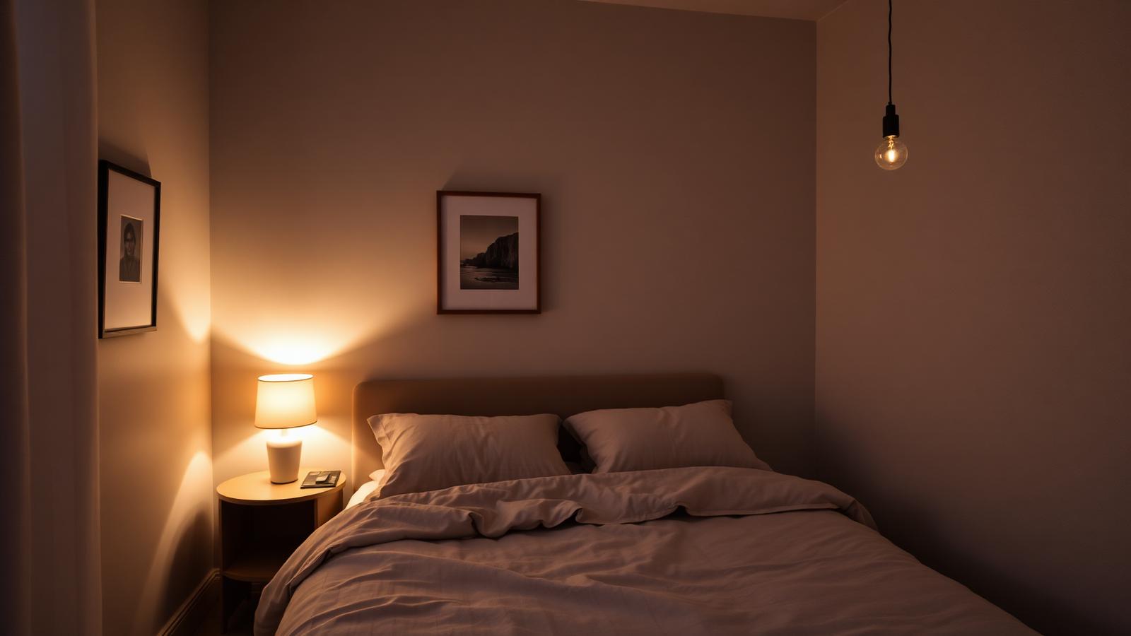Small bedroom at dusk with three layers of light: a warm bedside lamp, a wall-mounted picture light above framed art, and a small pendant hanging beside the bed