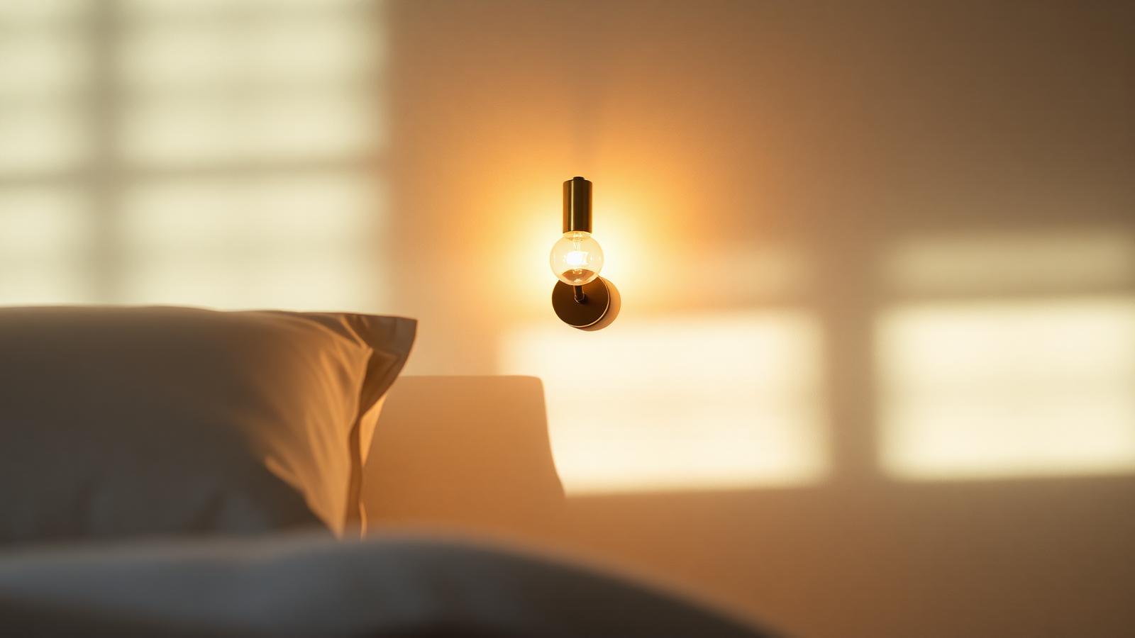 Close-up of a slim brass wall sconce with a warm 2700K Edison bulb next to a bed, casting soft shadows on a linen pillow