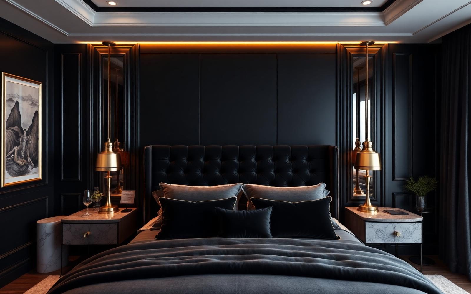 Luxury bedroom with premium upholstered bed, elegant wall detailing and statement lighting