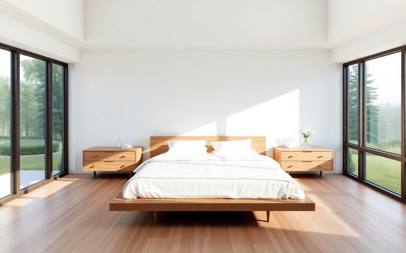 Modern bedroom with clean furniture, neutral palette, contemporary headboard and layered lighting
