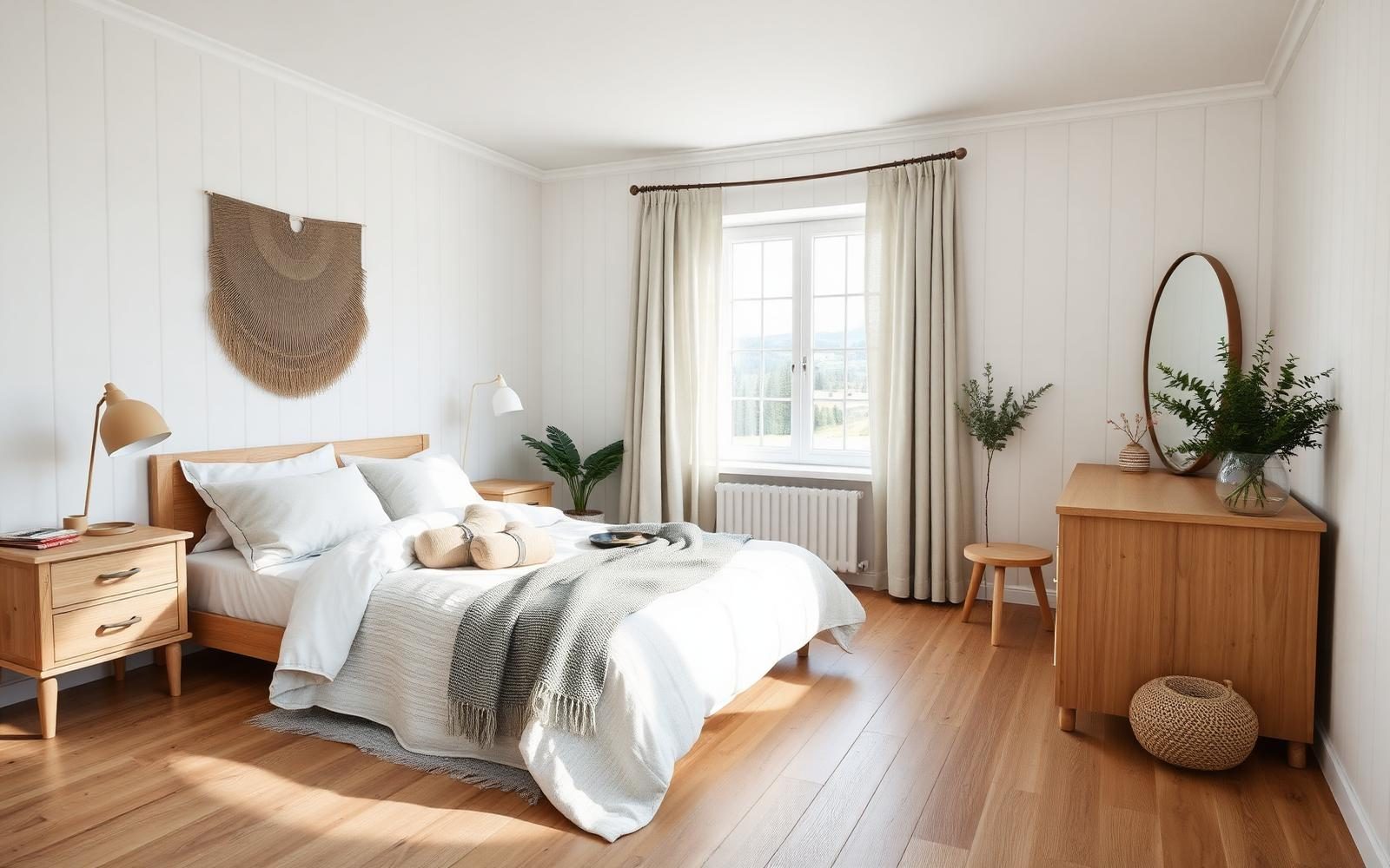 Scandinavian bedroom with light wood furniture, soft neutral textiles and natural daylight