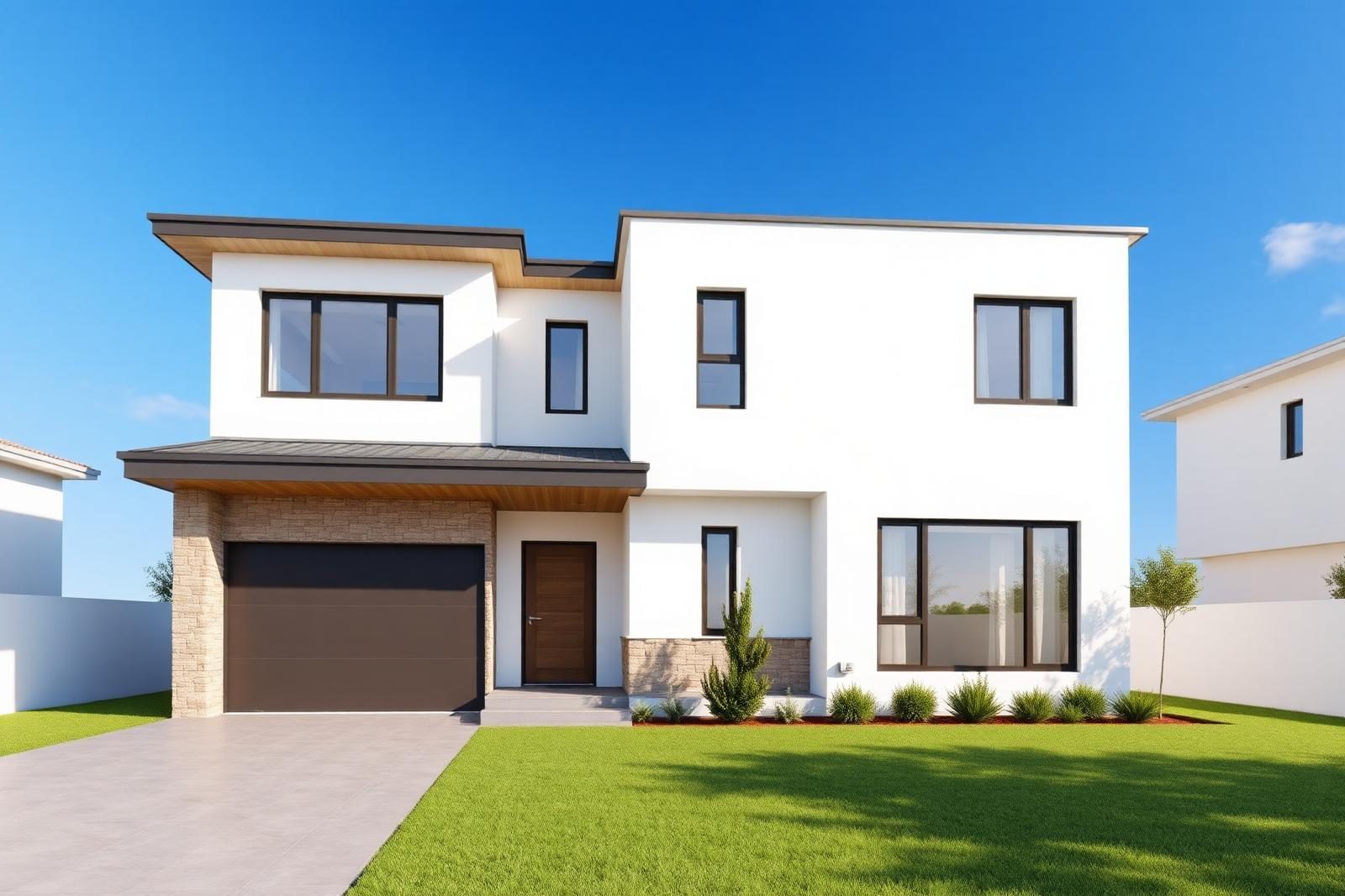 Bright modern two storey house exterior with white facade and landscaped front yard