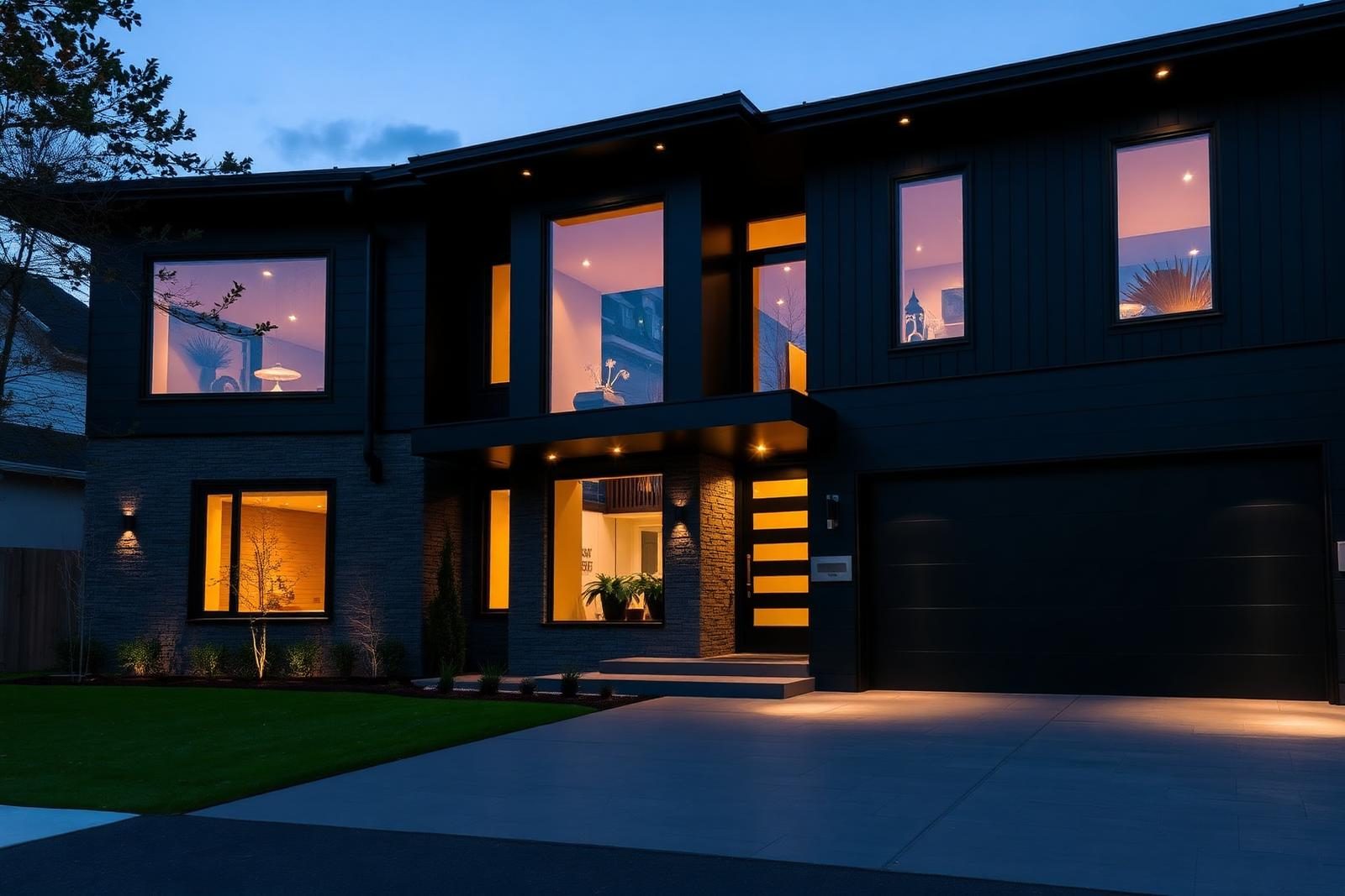 Dark luxury modern house exterior with charcoal facade and warm architectural lighting