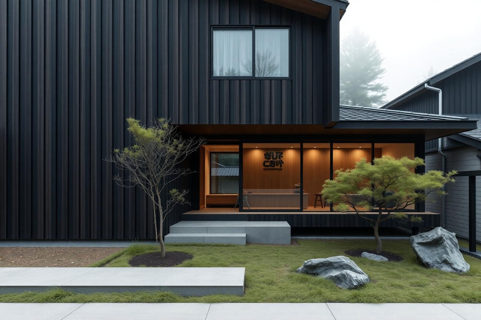 Japanese minimalist house exterior with dark timber facade and peaceful garden