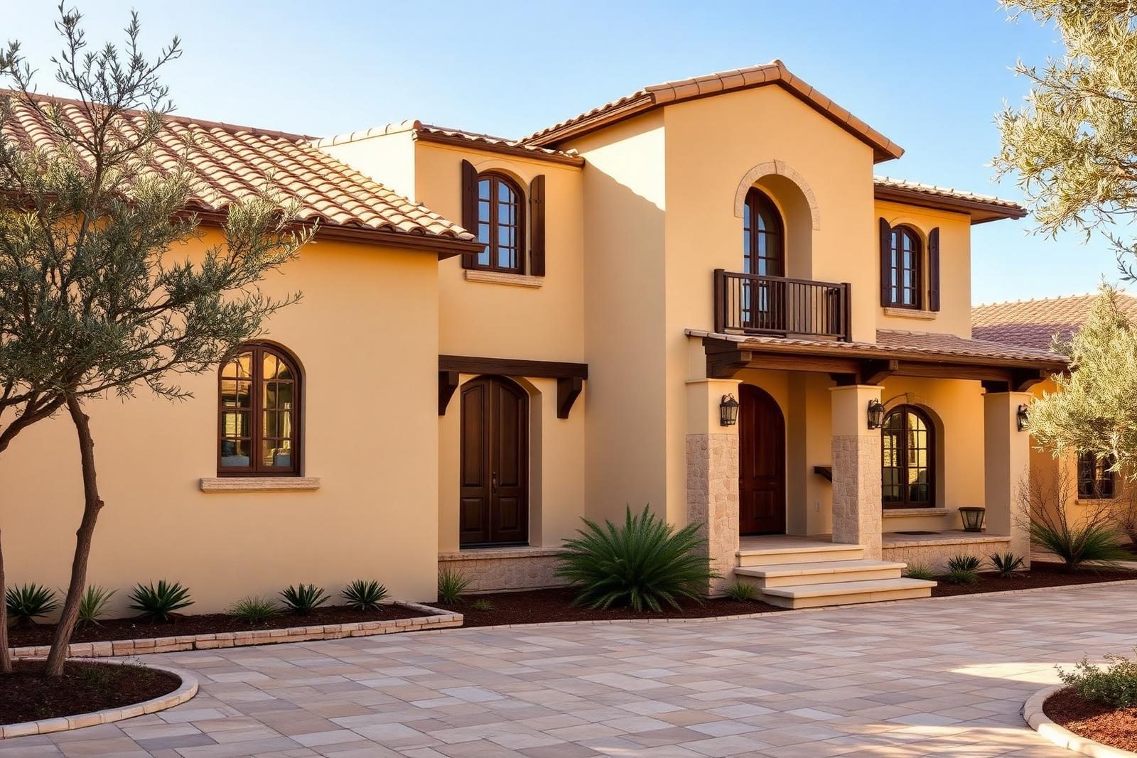 Mediterranean villa exterior with stucco walls terracotta roof and olive trees