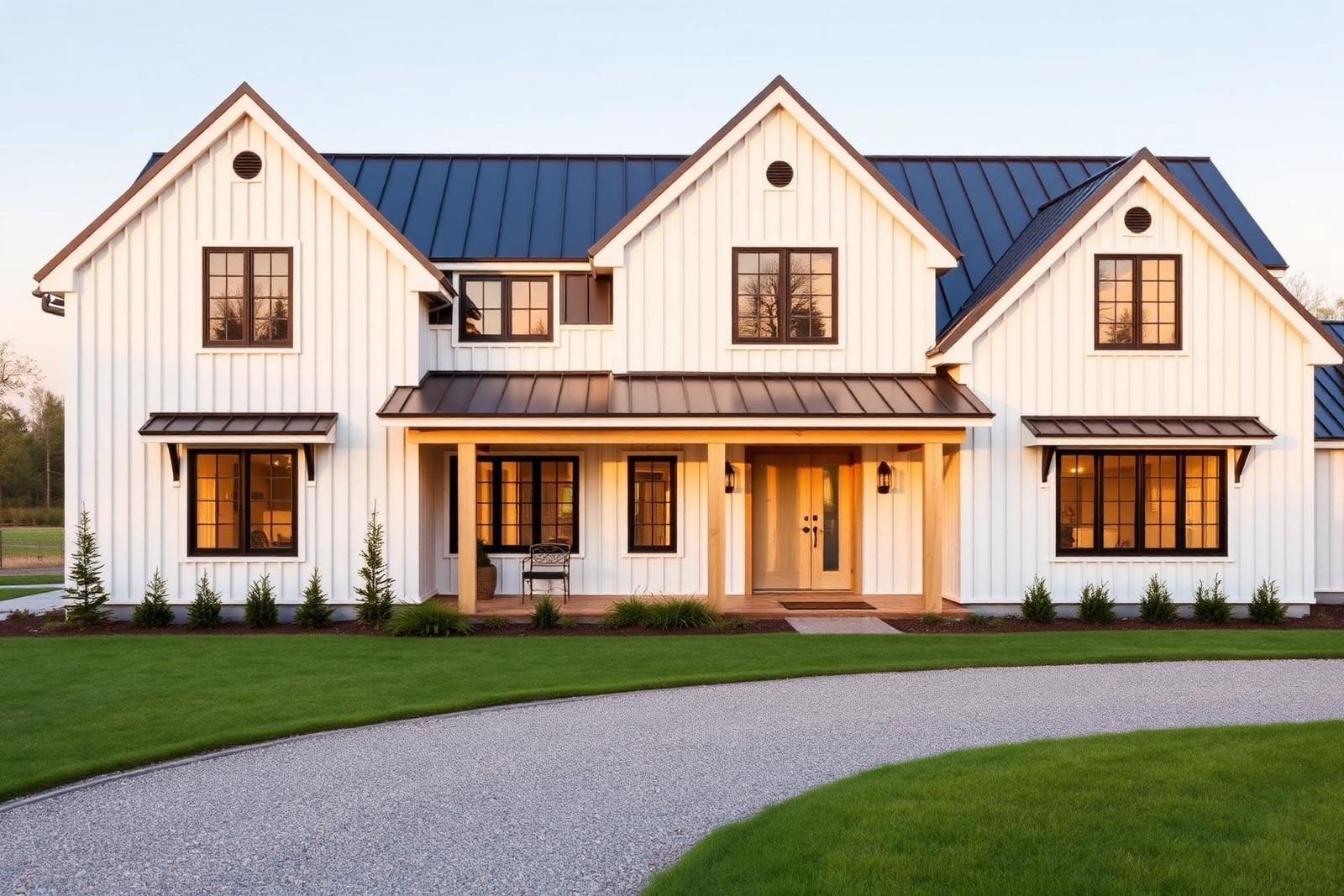 Modern farmhouse exterior with white cladding black roof and covered front porch