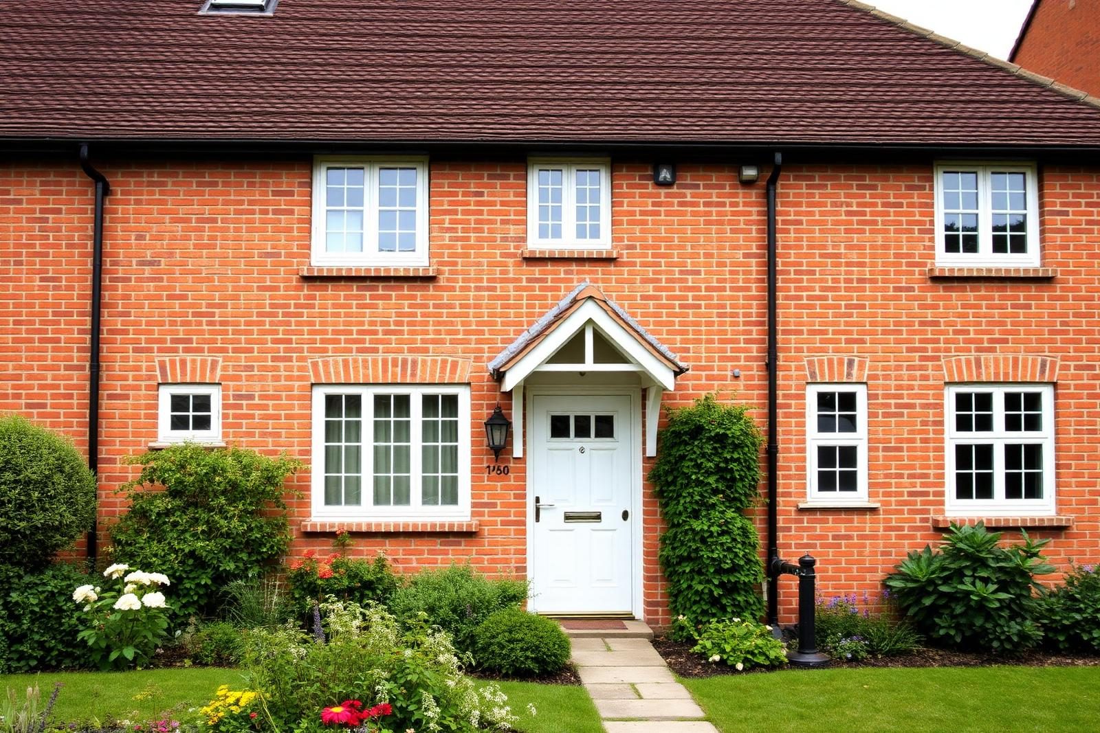 Traditional brick house exterior with pitched roof and landscaped front garden