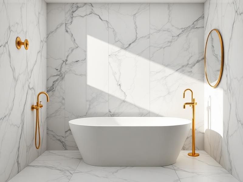 Spa style bathroom with marble walls, gold fixtures and freestanding stone tub