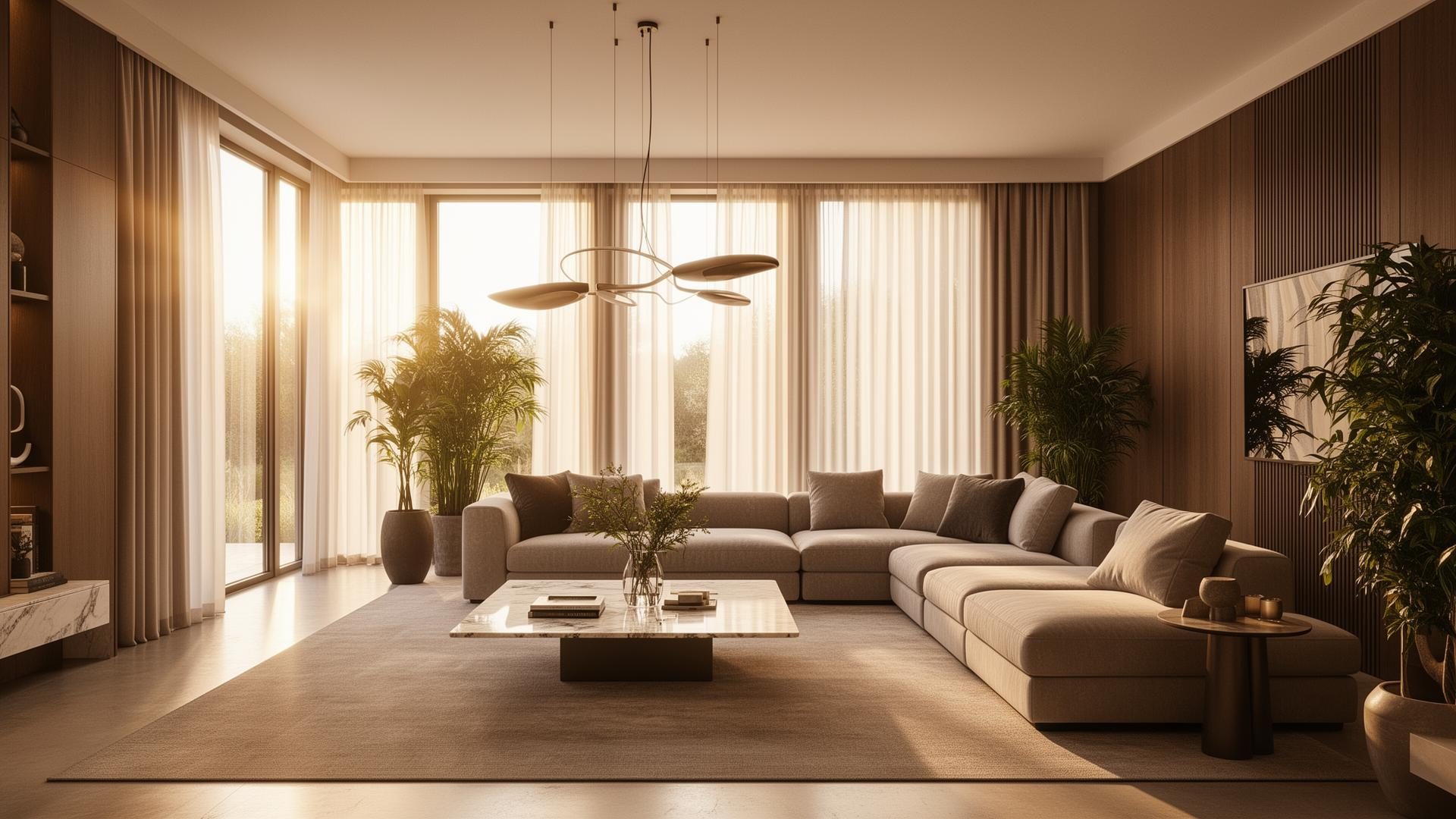 Warm modern luxury living room with velvet sofa, brass accents and layered ambient lighting