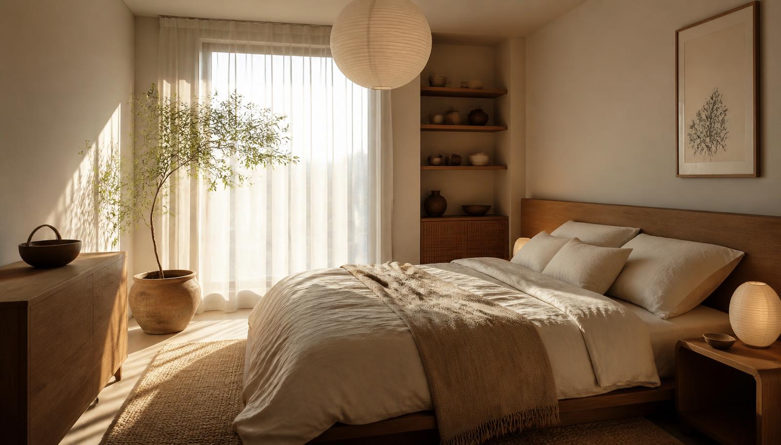 Small bedroom in warm Japandi style with a low wood bed, cream linen bedding, a paper pendant lamp, a potted tree and morning light through sheer curtains