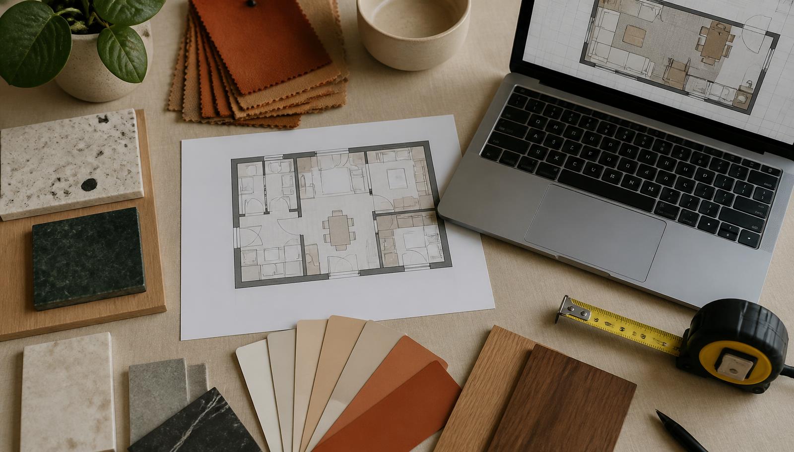 Overhead view of an interior design planning desk with a printed floor plan, terracotta and neutral paint swatches, stone and wood samples, a tape measure and a laptop showing a room layout