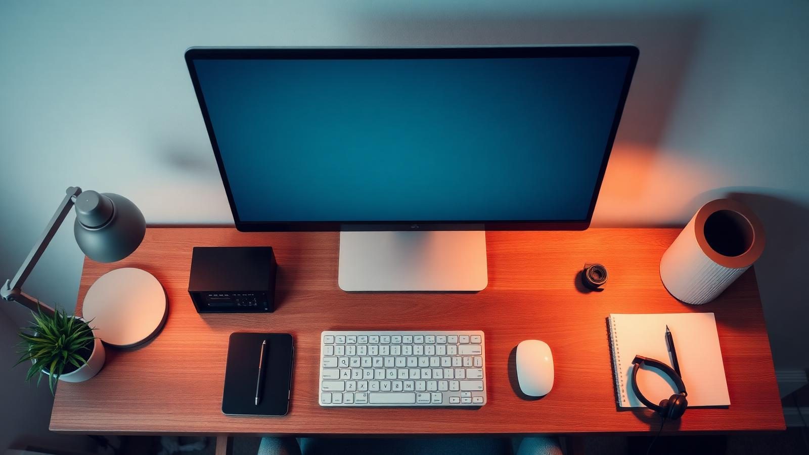 Overhead flat lay of a home office desk with a monitor, wireless keyboard and mouse, notebook, warm task lamp, small plant, and headphones on a warm wood surface