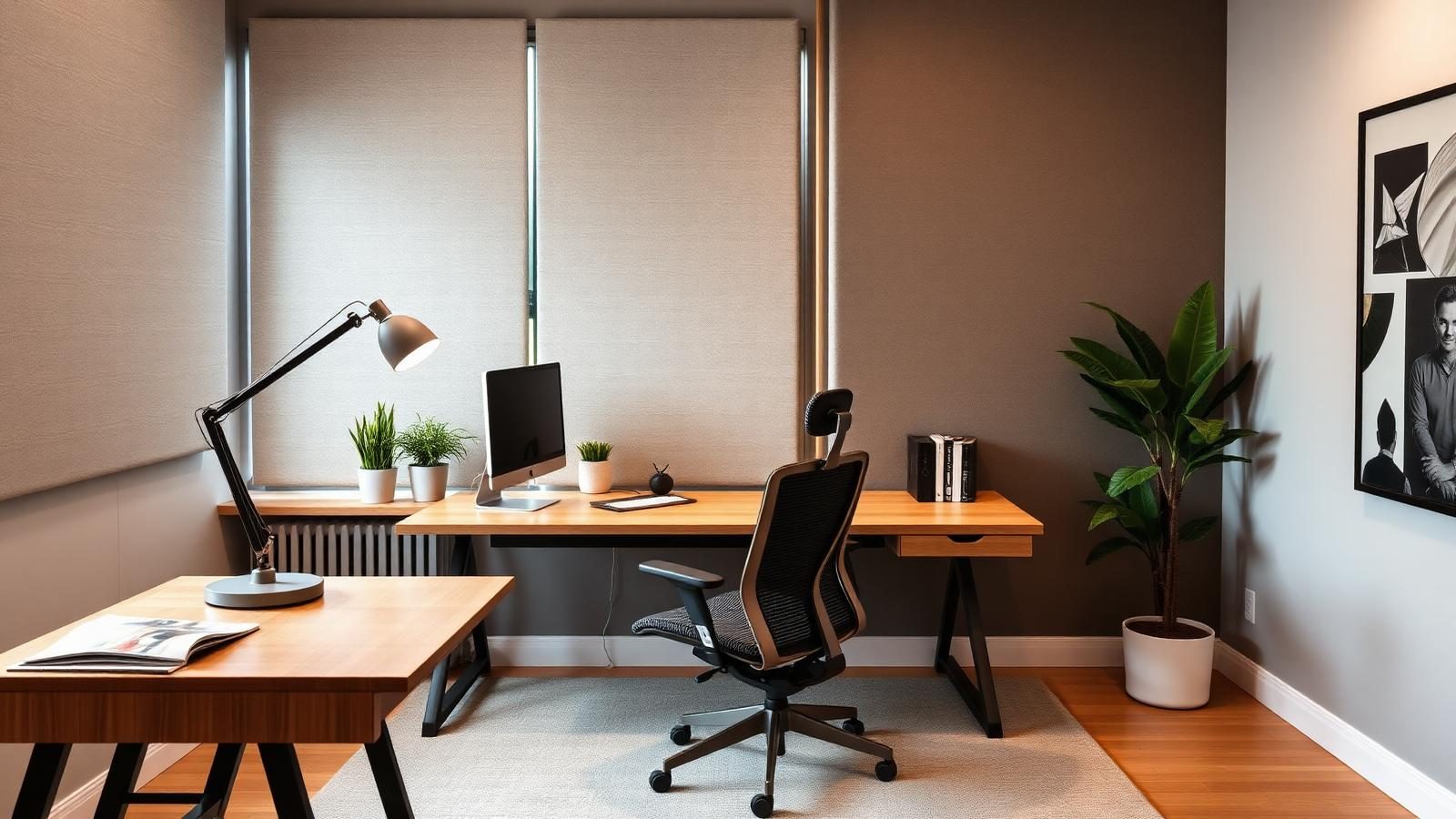 Modern home office with a wide wood desk, ergonomic mesh chair, monitor on an arm, warm task lamp, acoustic wall panels, plants, and soft daylight through a diffusing shade