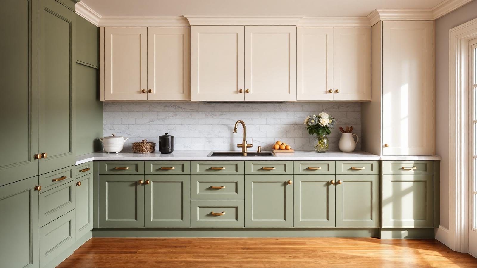 Modern kitchen with sage green lower cabinets, warm white uppers, brass hardware, oak floors, and a marble countertop in soft morning light