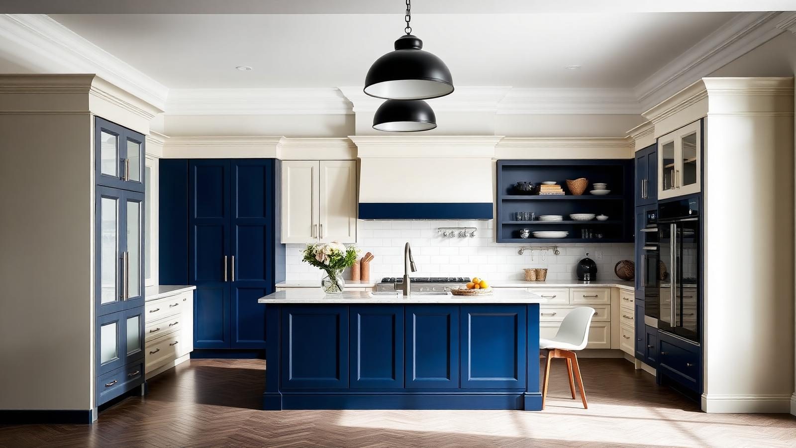 Modern two-tone kitchen with a navy blue island, cream perimeter cabinets, black dome pendant lights, and herringbone wood floor