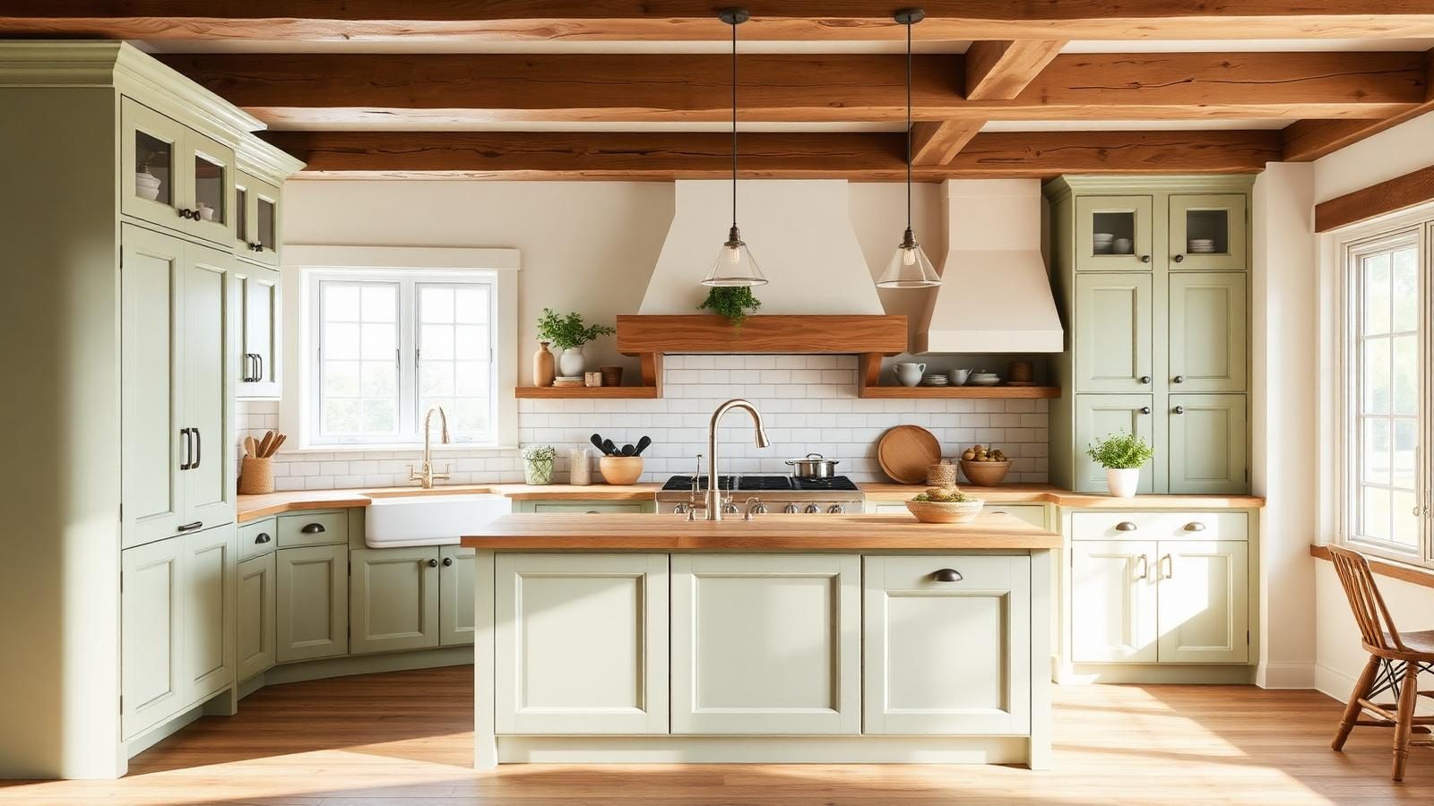 Farmhouse kitchen with shaker cabinetry, warm natural materials and welcoming lighting