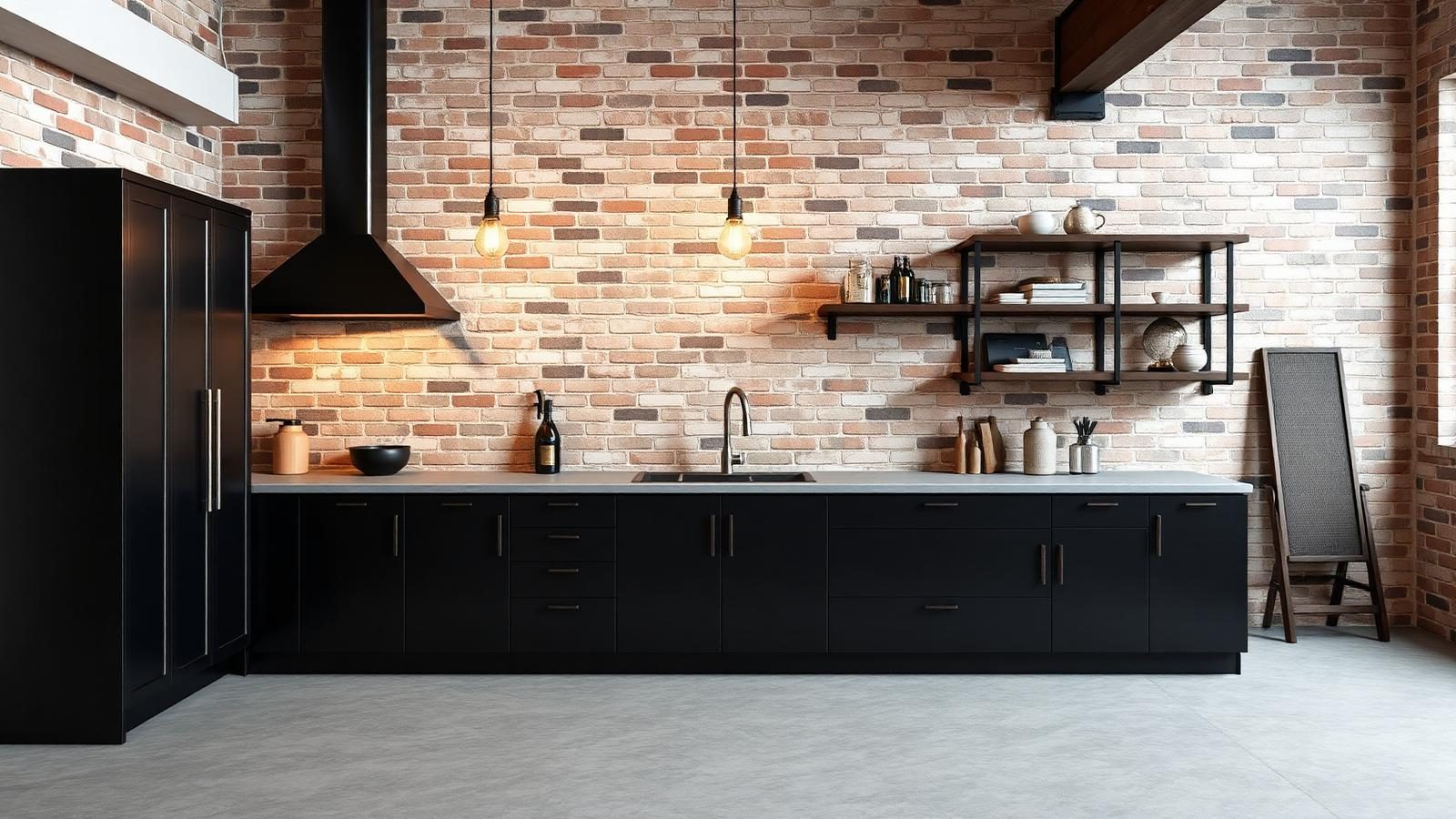 Industrial kitchen with dark cabinets, exposed brick, metal accents and open shelving