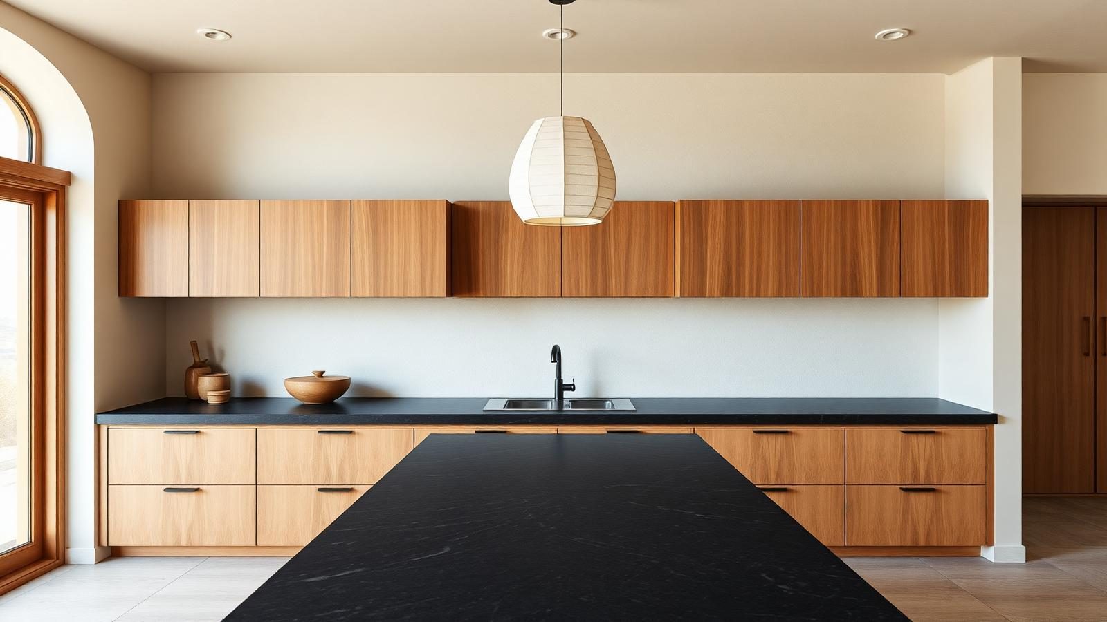 Japandi kitchen with warm oak cabinetry, calm stone countertops and subtle black details