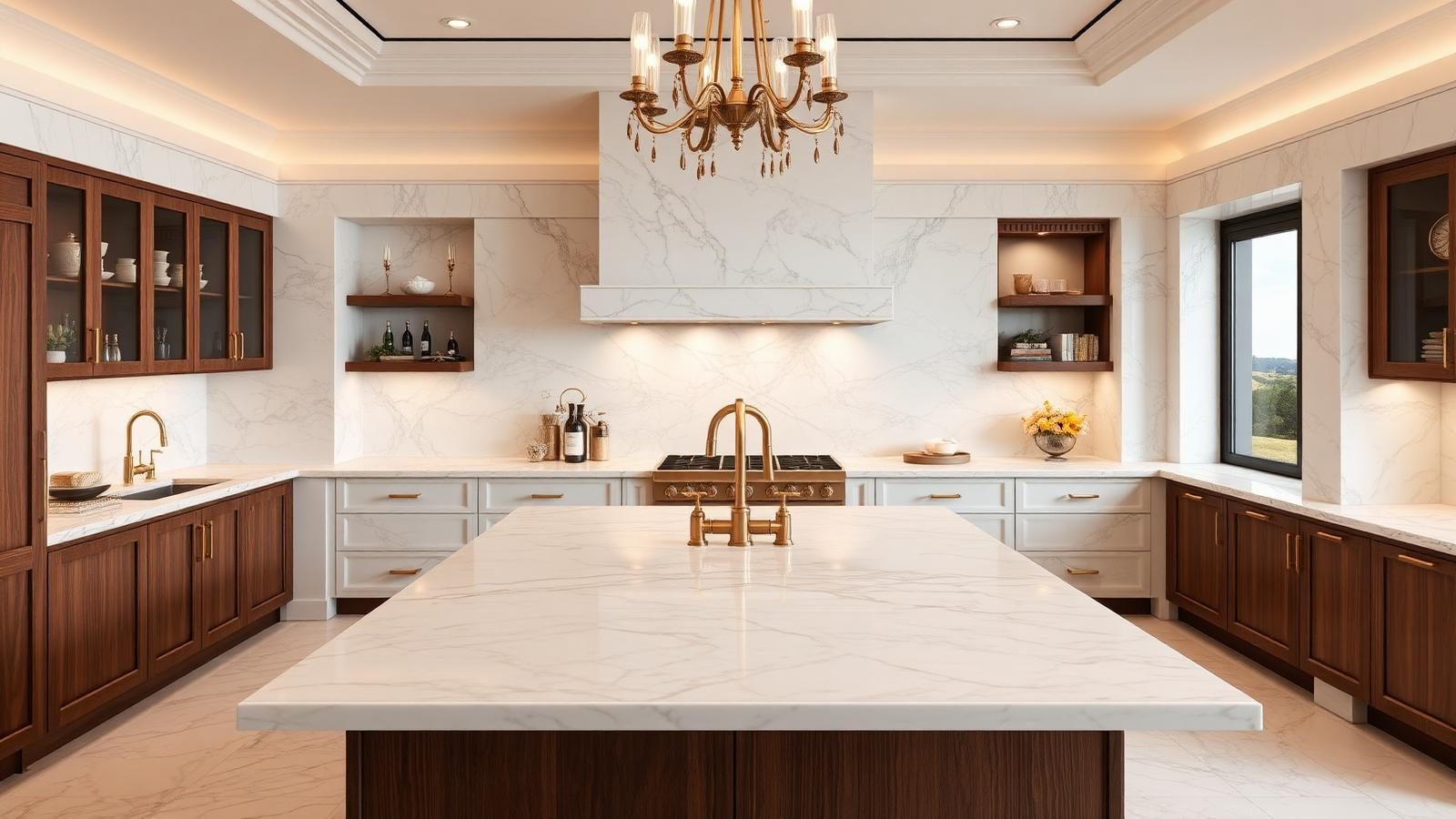 Luxury kitchen with book-matched marble, walnut cabinetry and statement brass lighting