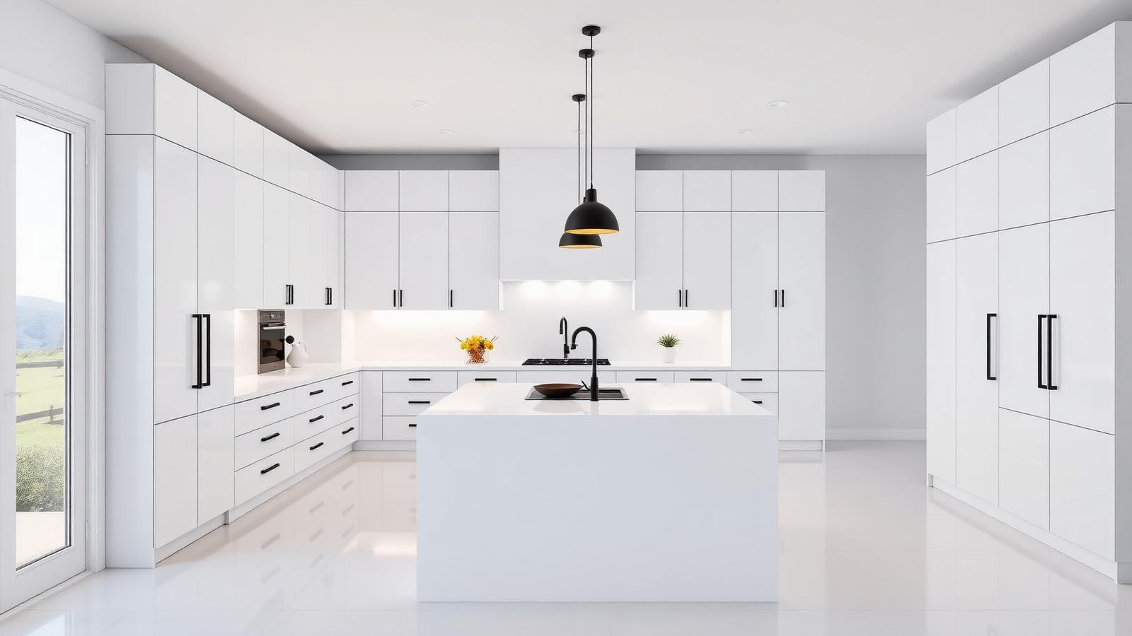 Modern kitchen with handleless white cabinetry, quartz countertops and integrated-looking appliances