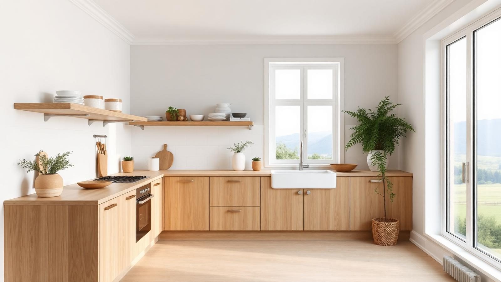 Scandinavian kitchen with light oak cabinets, white surfaces and abundant natural daylight