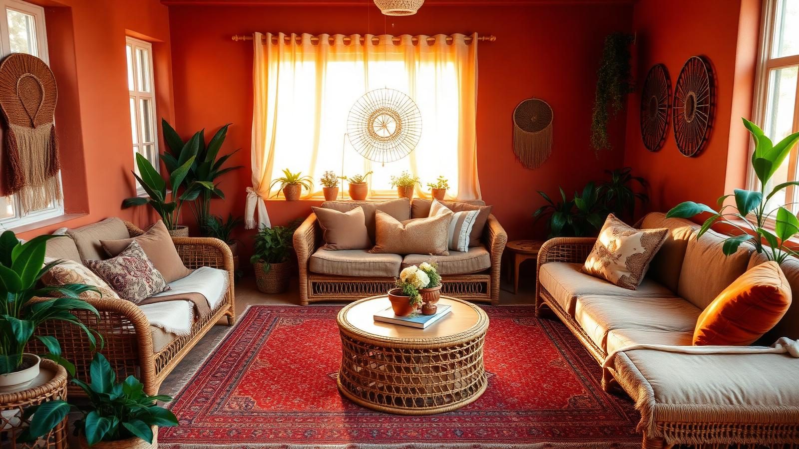 Bohemian living room with layered textiles, warm earthy colors, rattan details and relaxed furniture