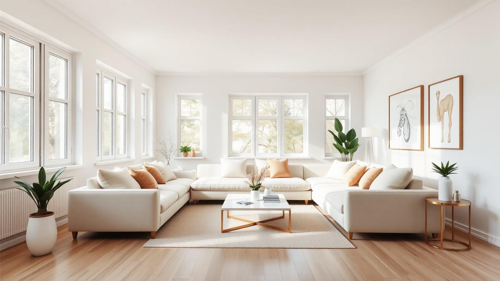 Modern living room with clean contemporary furniture, neutral colors, balanced layout and natural daylight