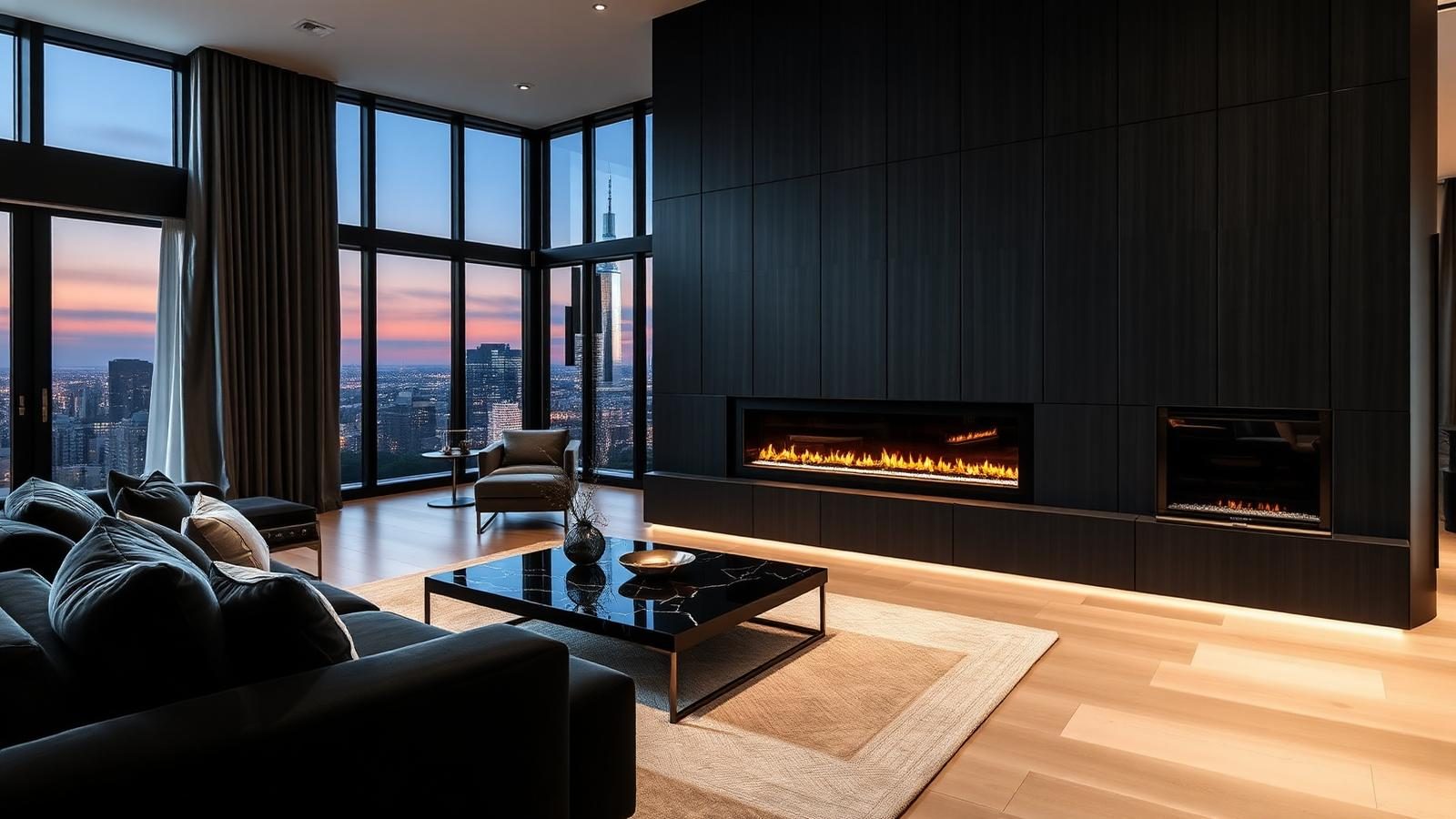 Luxury living room with premium furniture, sophisticated materials, refined lighting and elegant feature wall