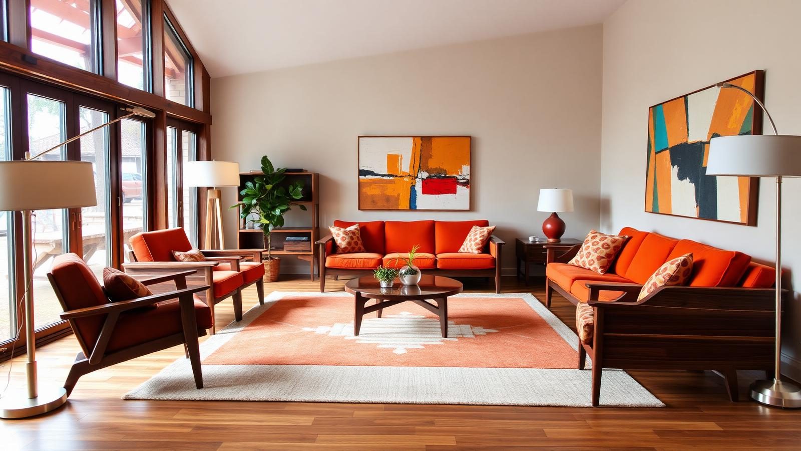 Mid century modern living room with walnut furniture, clean geometric forms and warm colors